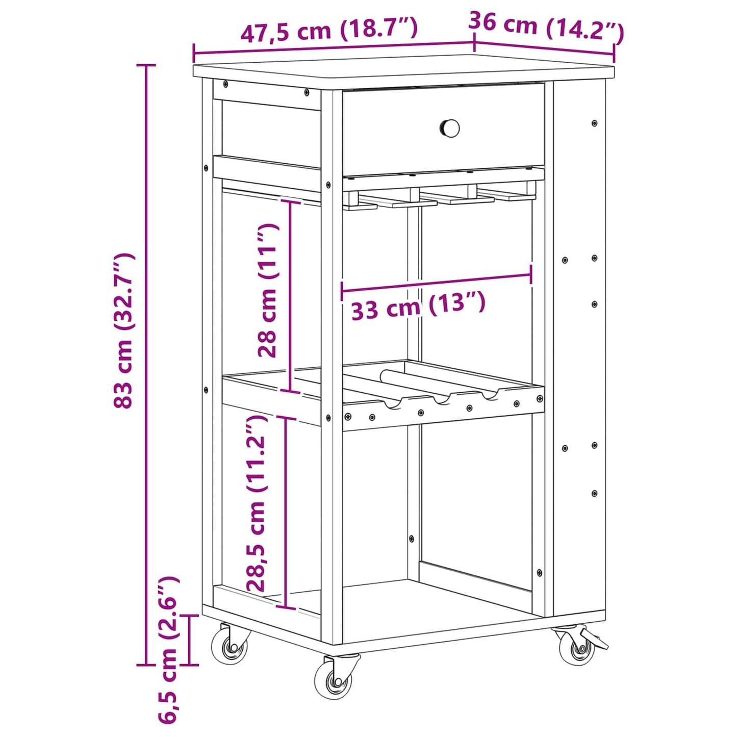 Kitchen Trolley with Wheels Natural 47.5 x 36 x 83 cm Bamboo
