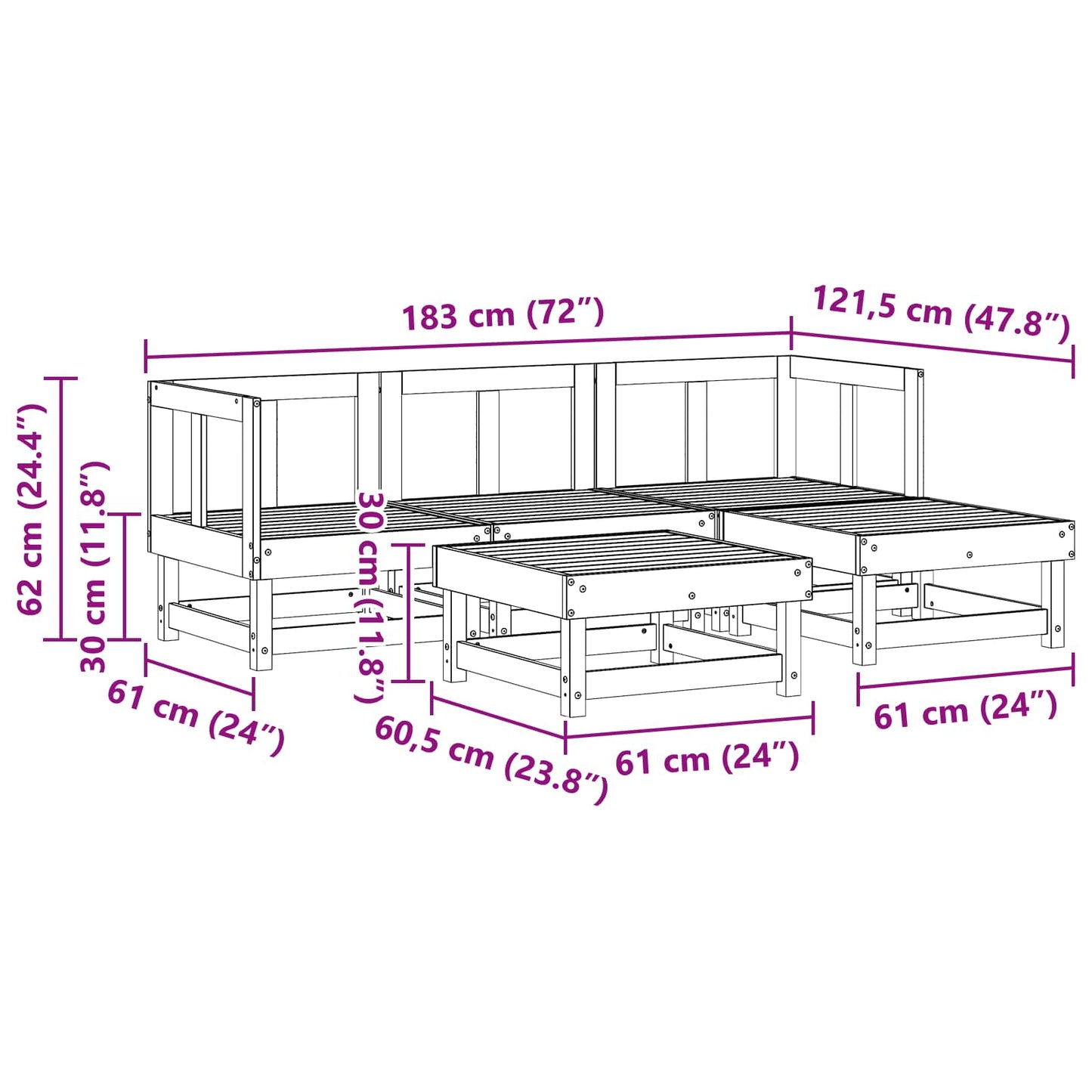 Garden Lounge Set 5 pcs Wax Brown Solid Pine Wood