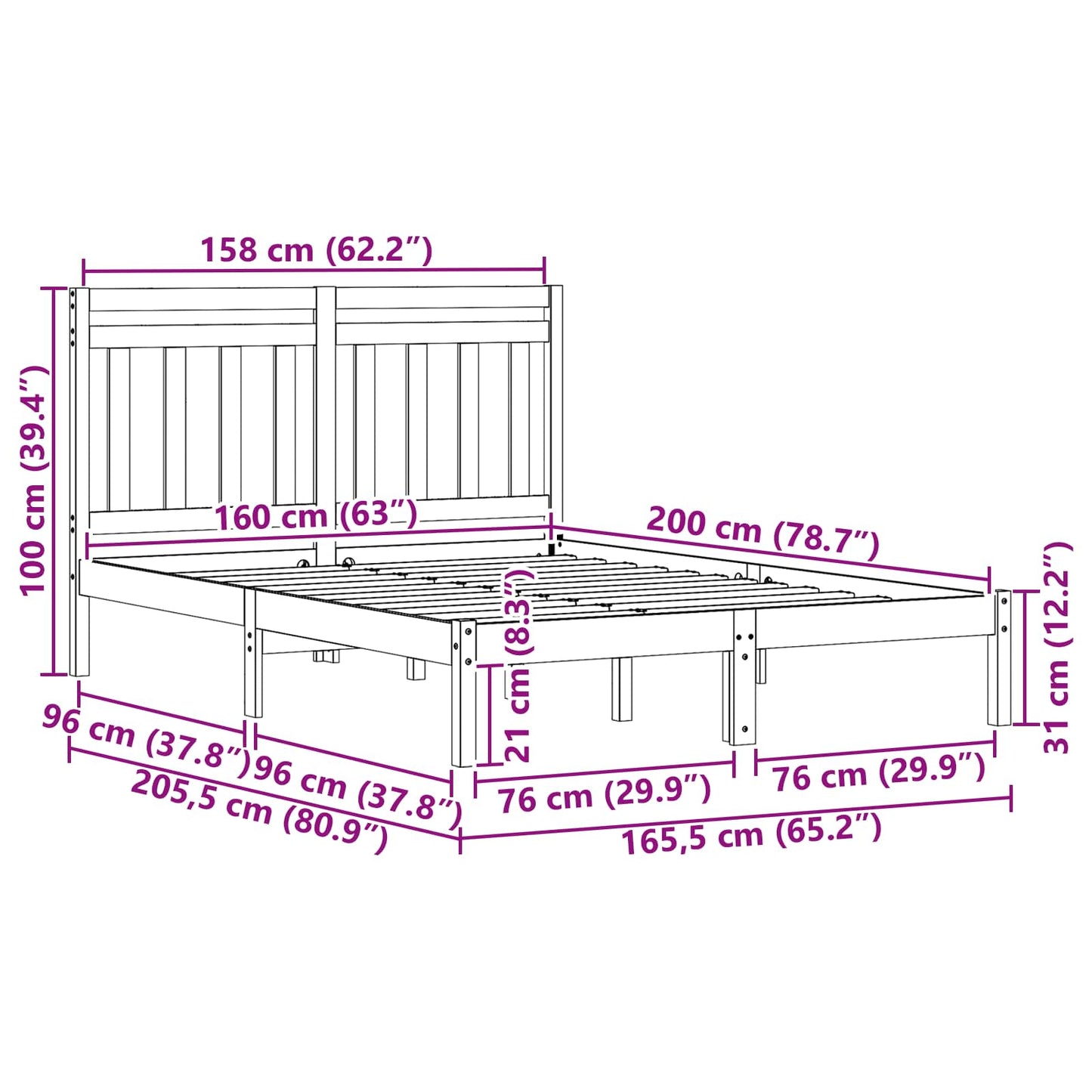 Bed Frame Wax Brown 205.5 x 165.5 x 100 cm Solid Pine Wood
