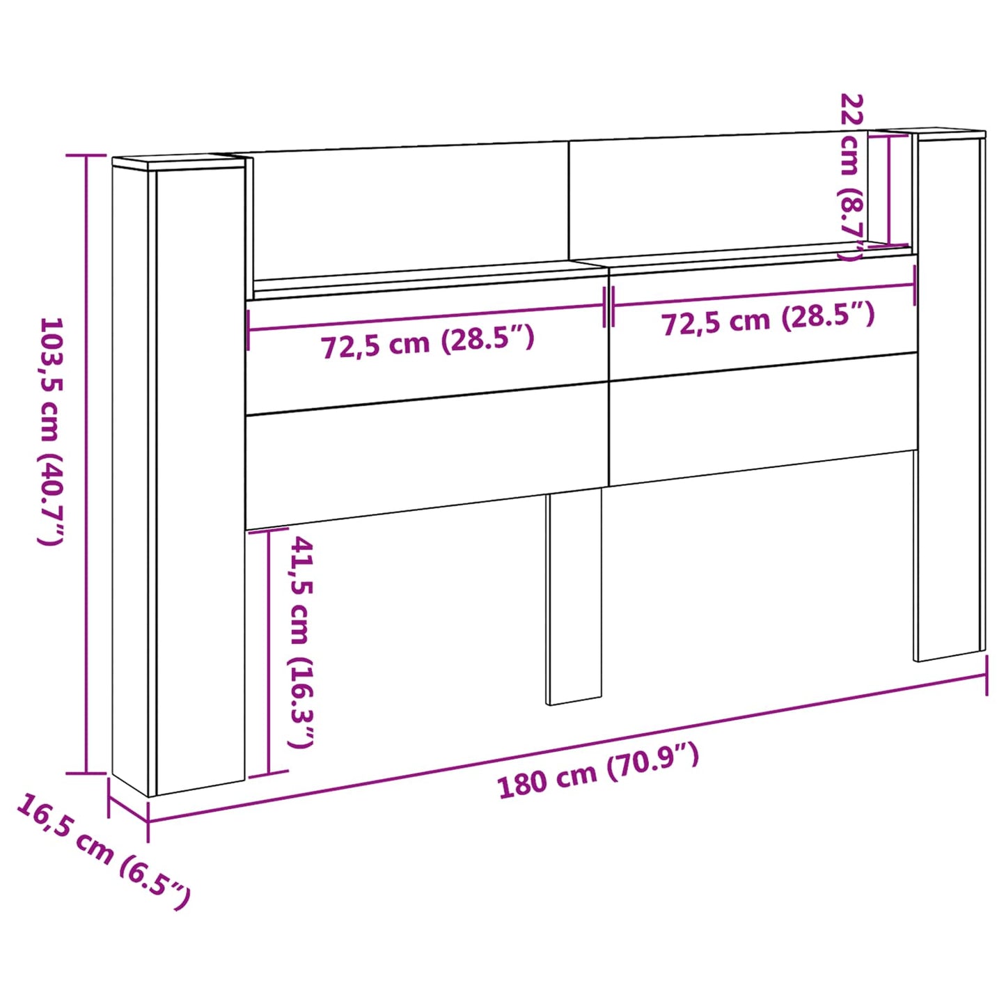 Headboard Cabinet with LED Concrete 180 x 16.5 x 103.5 cm