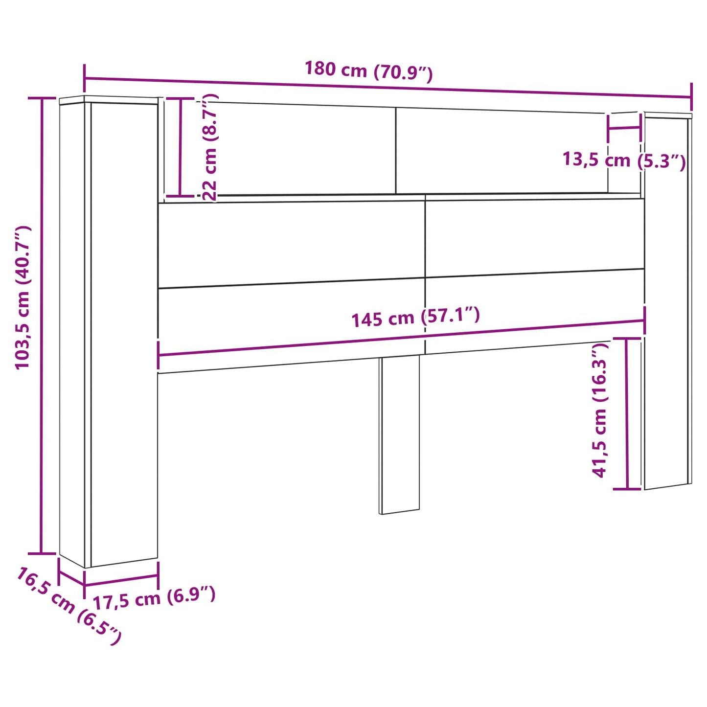 Headboard Cabinet with LED Black Oak 180 x 16.5 x 103.5 cm