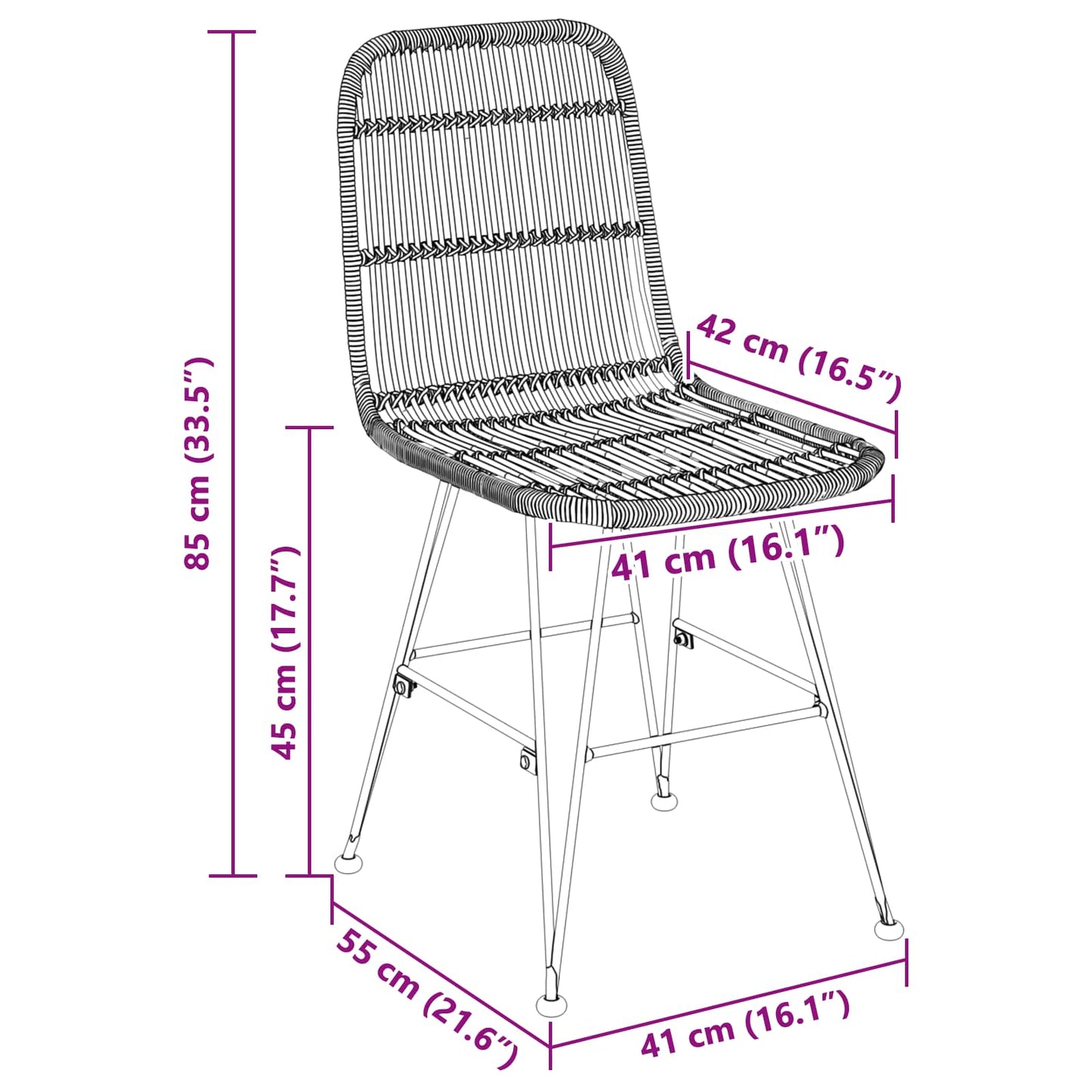 Dinning Chair 2 pcs Black 41 x 55 x 85 cm Rattan and Steel