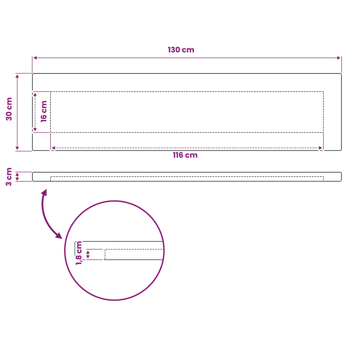 Rectangular Table Top 130 x 30 x 3.5 cm Rectangular White