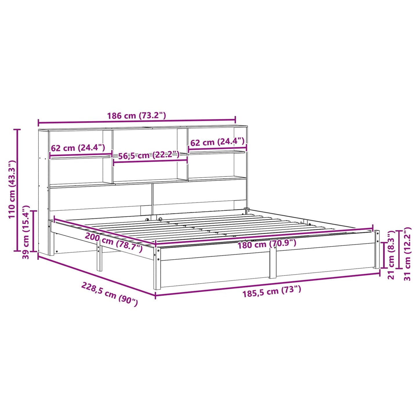 Bed Frame with Storage Headboard Wax Brown 180 x 200 cm