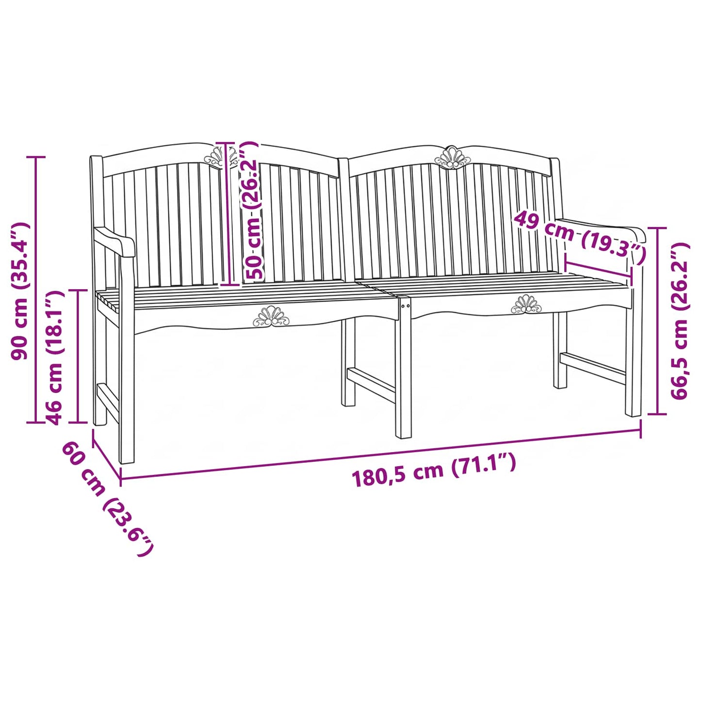 Handcarved Rose Bench Natural 180.5 x 60 x 96 cm