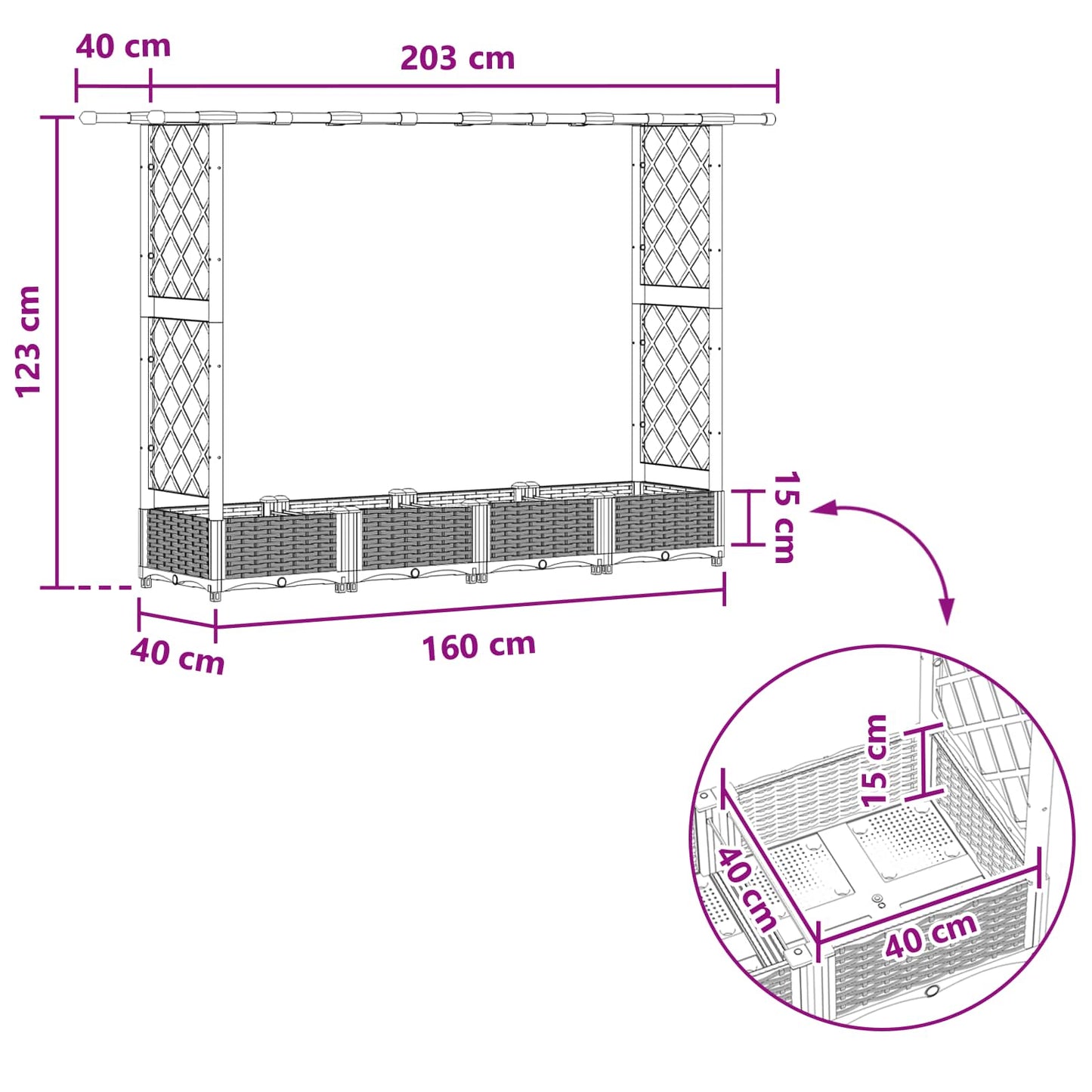 Raised Bed with Trellis and Roof Black 203 x 40 x 123 cm PP
