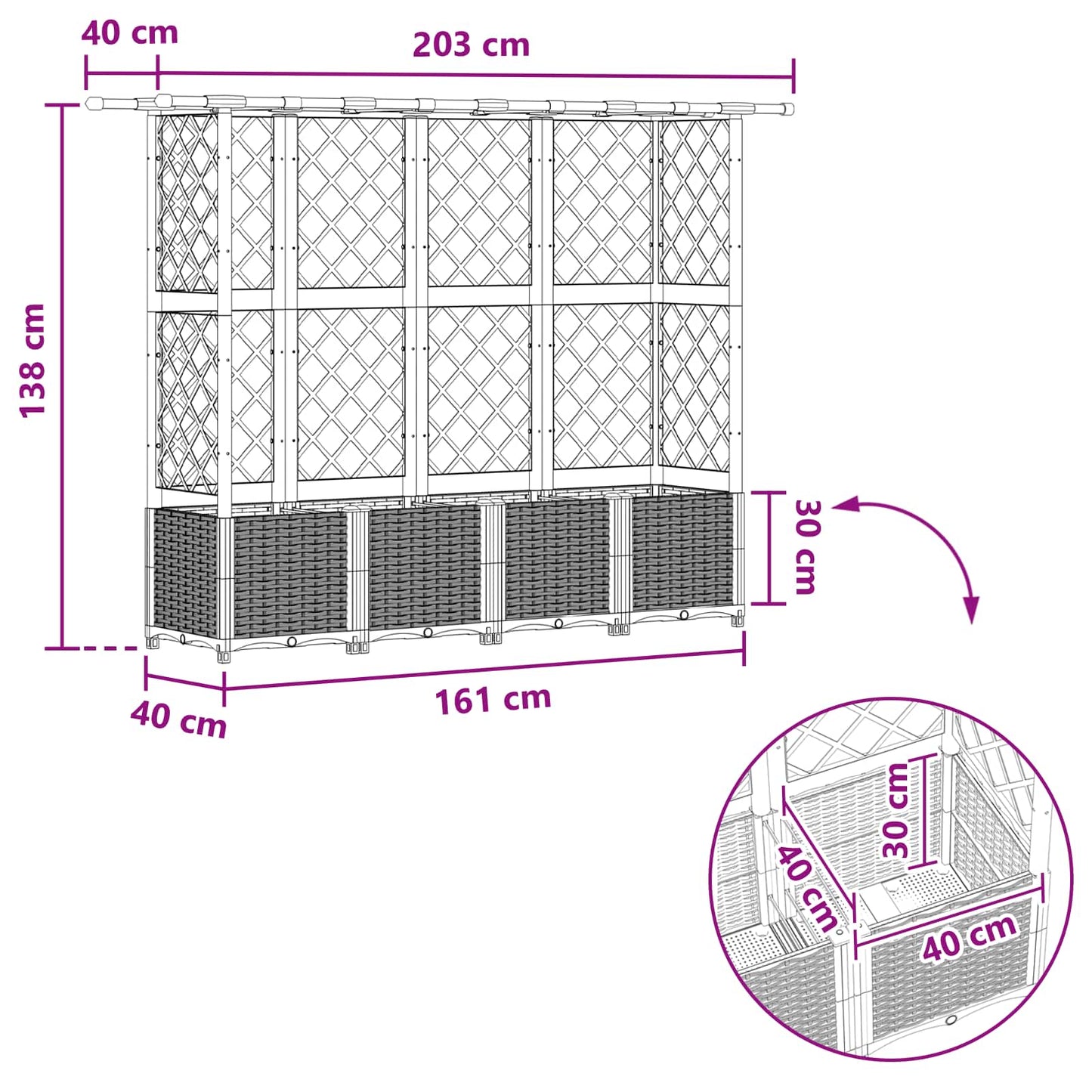 Raised Bed with Trellis and Roof Black 203 x 40 x 138 cm PP