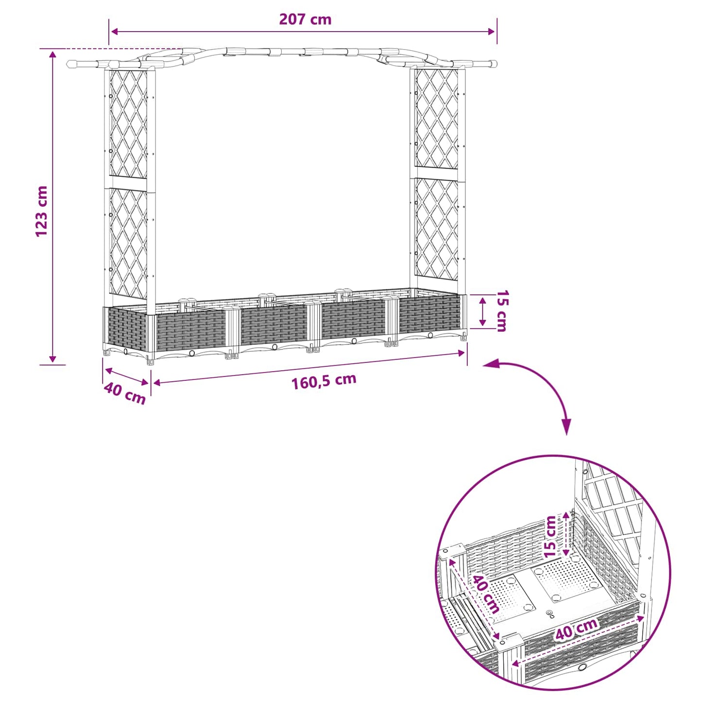 Raised Bed with Trellis and Roof Grey 207 x 40 x 123 cm PP