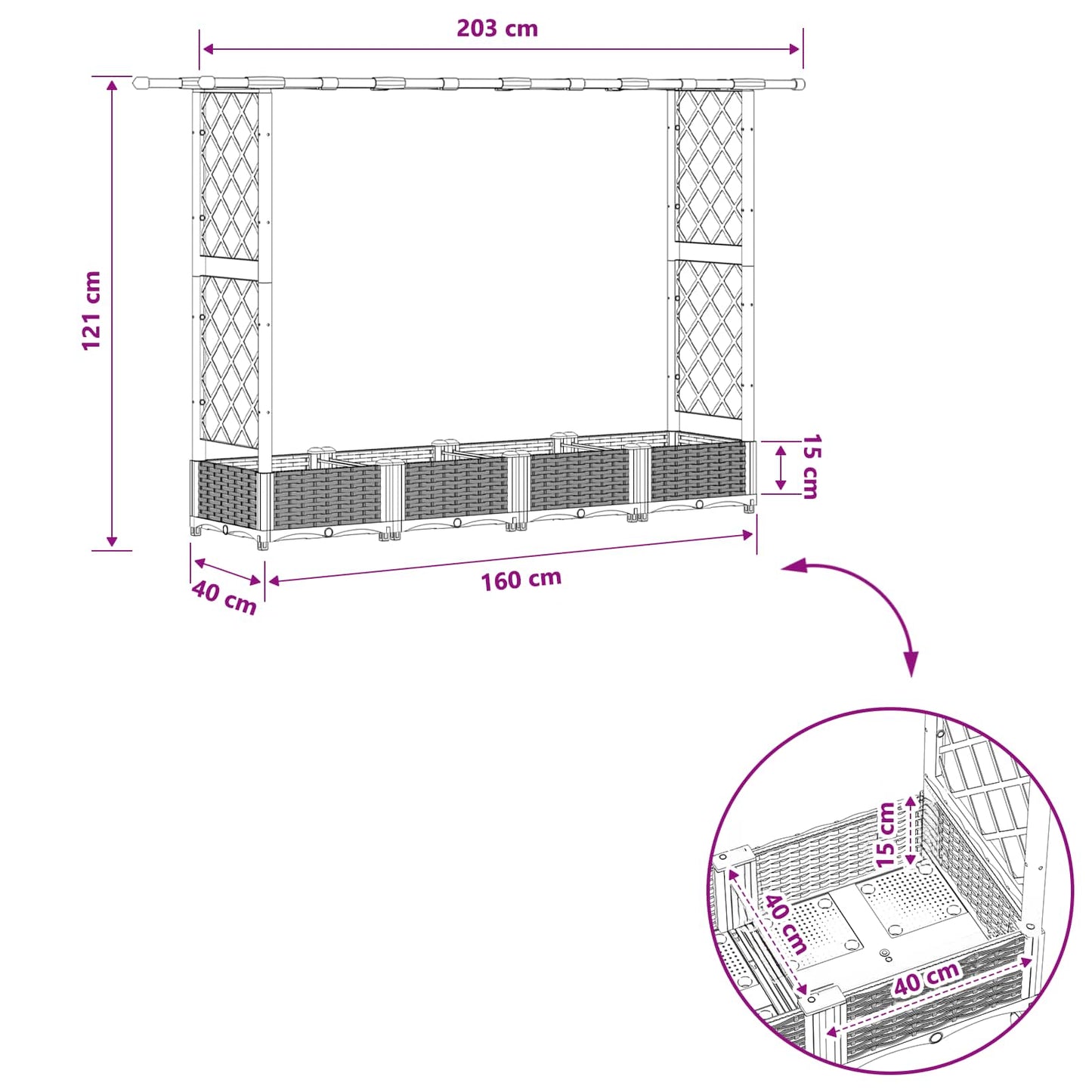 Raised Bed with Trellis and Roof Grey 203 x 40 x 121 cm PP