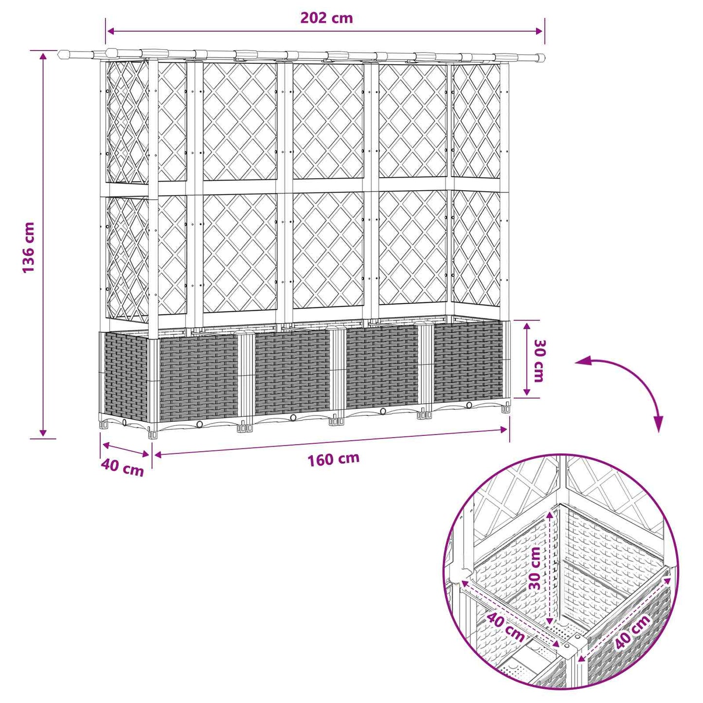 Raised Bed with Trellis and Roof Light Grey 202 x 40 x 136 cm