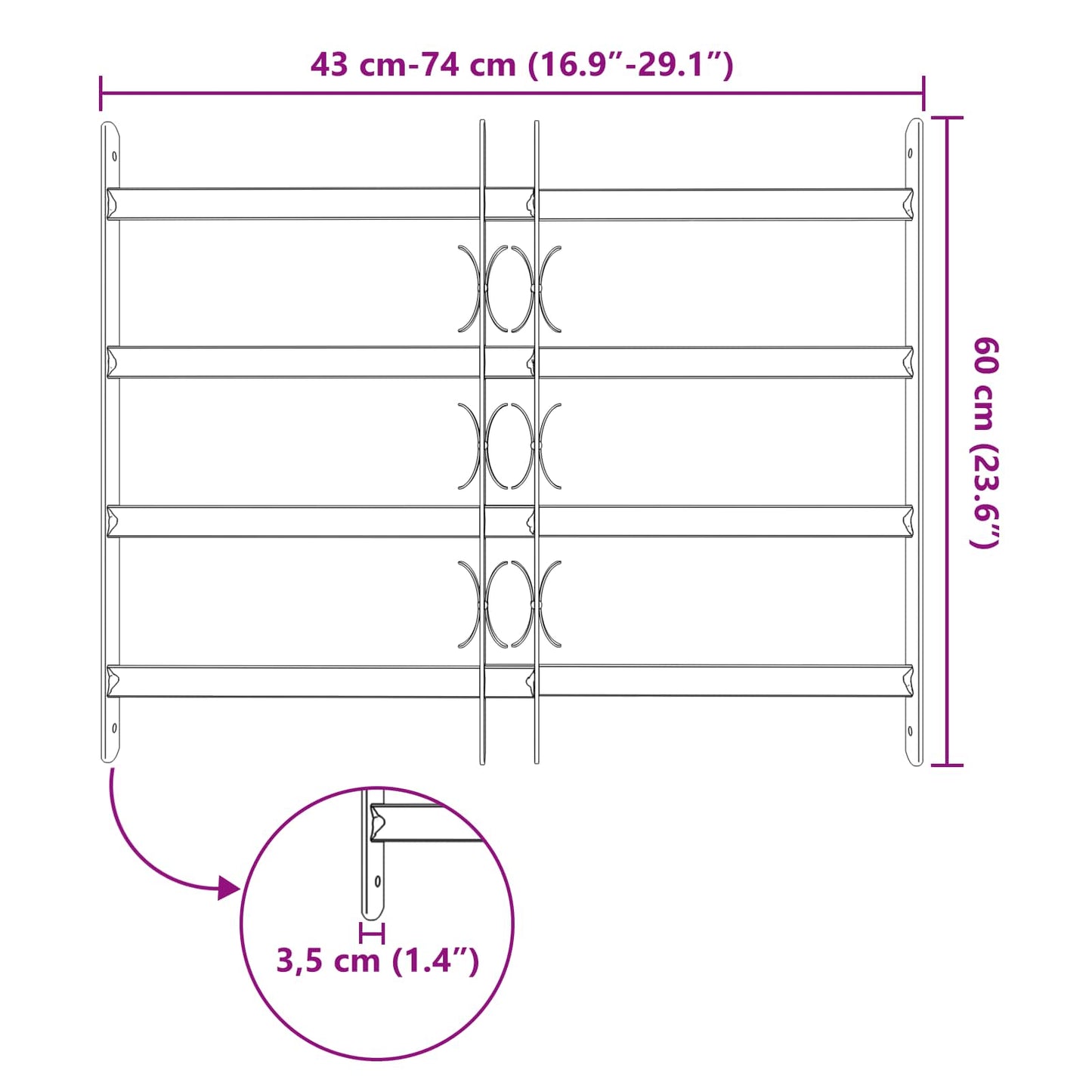 Security Grille for Windows with 4 Crossbars 3 pcs 43-74 cm