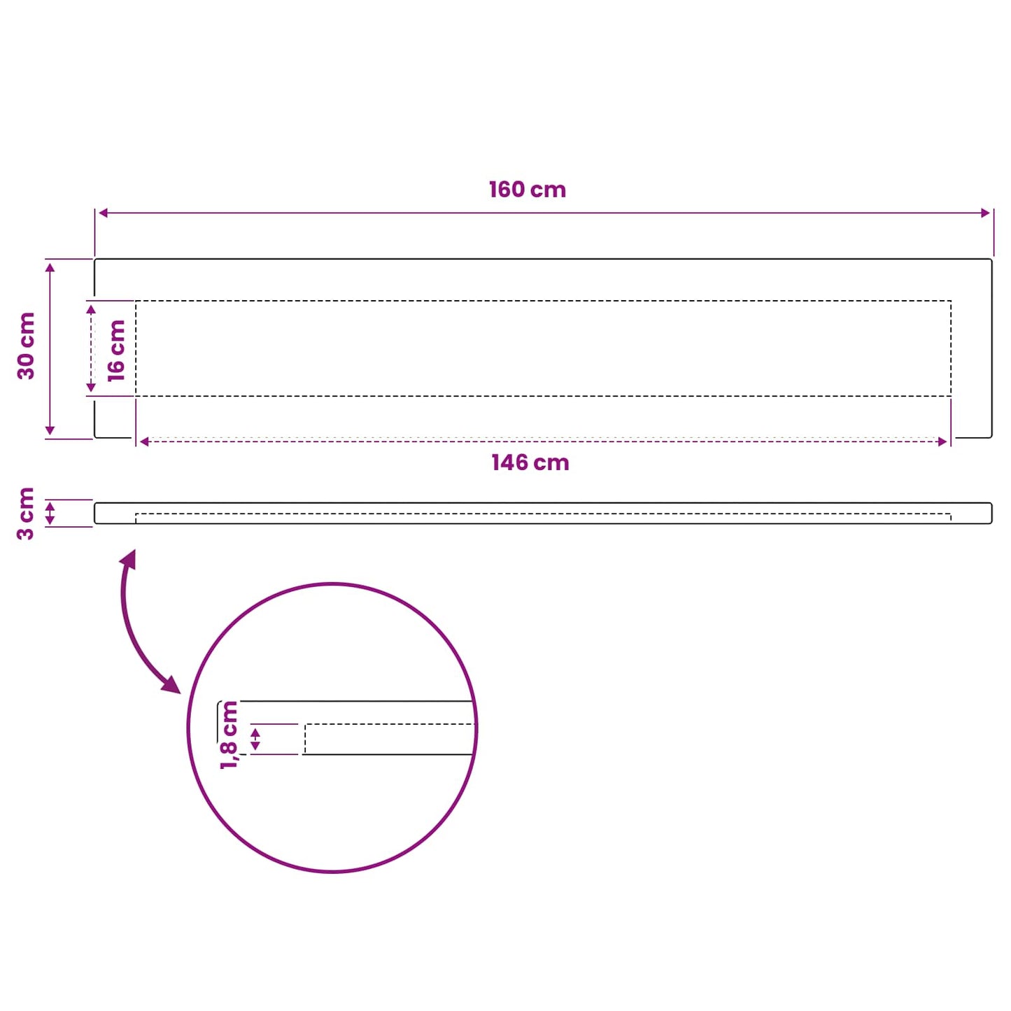 Rectangular Table Top 160 x 30 x 3.2 cm Rectangular
