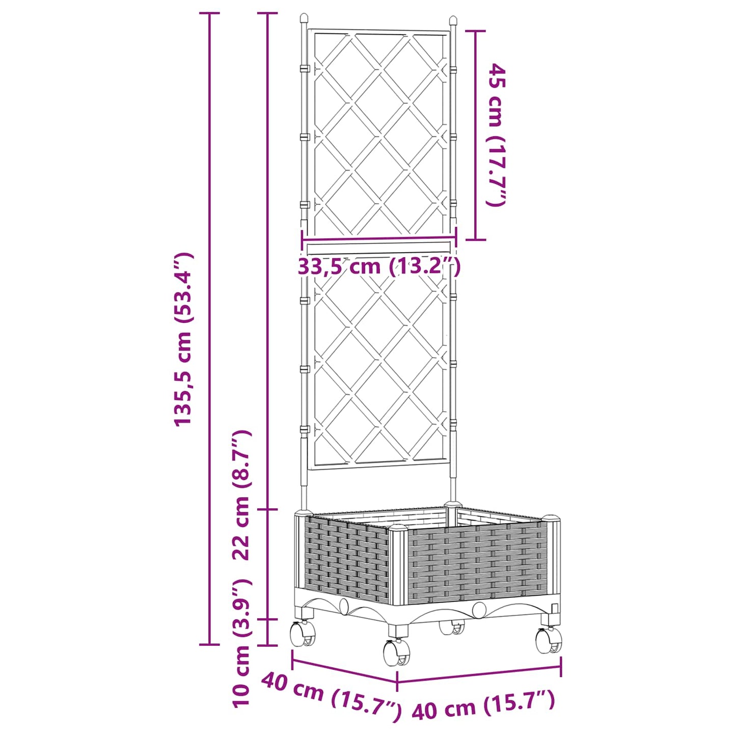 Garden Planter with Trellis&Wheels Black 40 x 40 x 131.5 cm PP