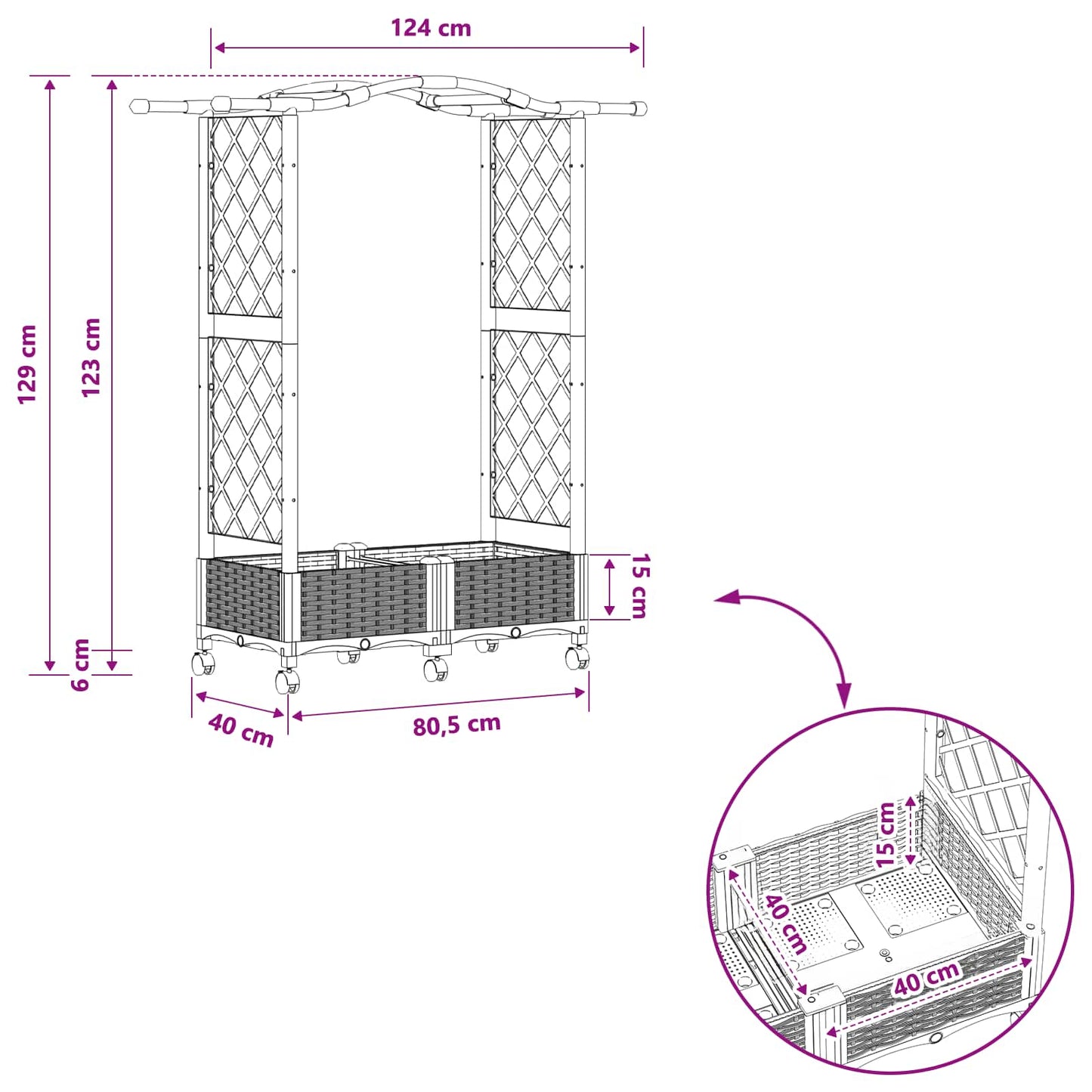 Raised Bed with Trellis and Roof Black 124 x 40 x 129 cm PP