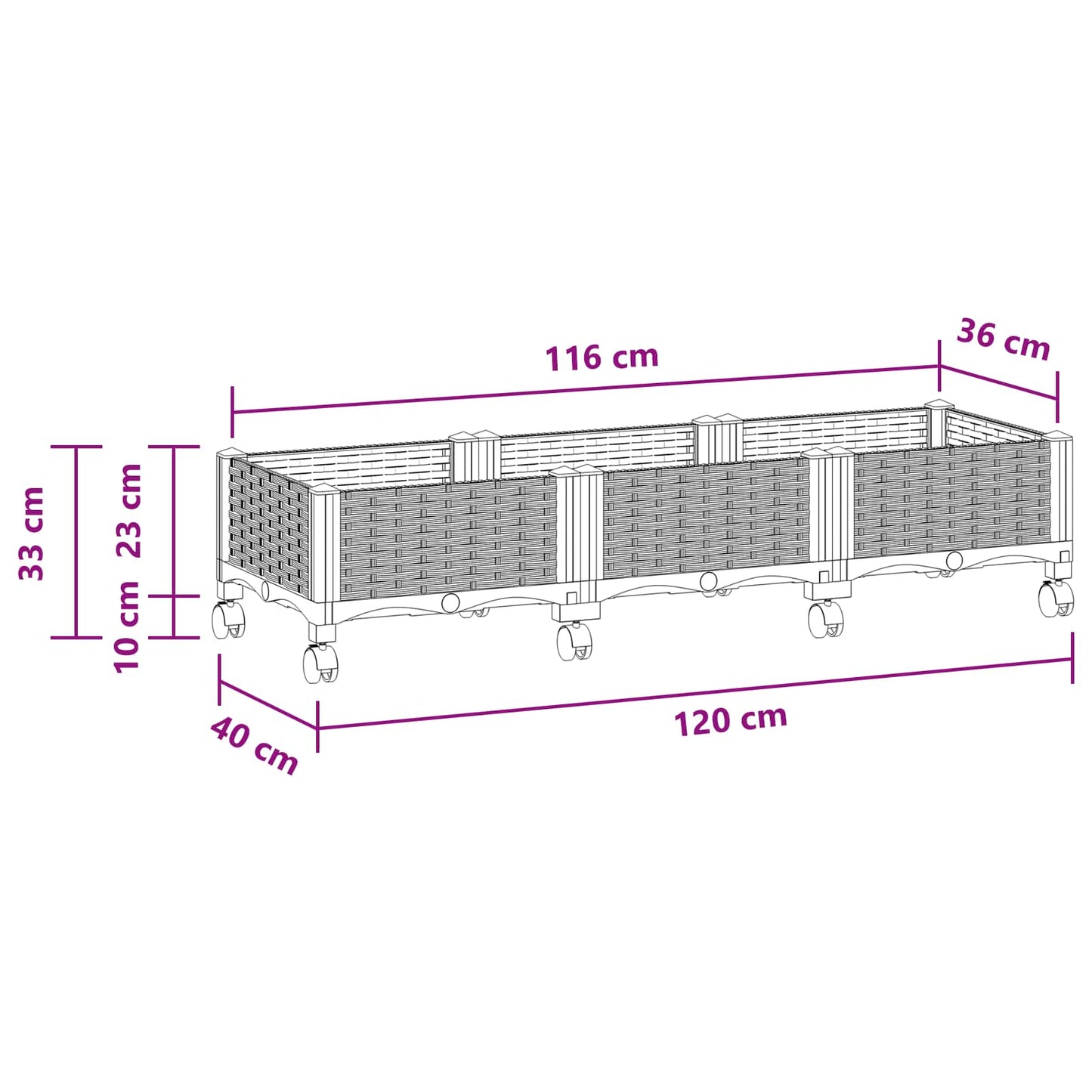 Garden Planter with Wheels White 120 x 40 x 33 cm PP