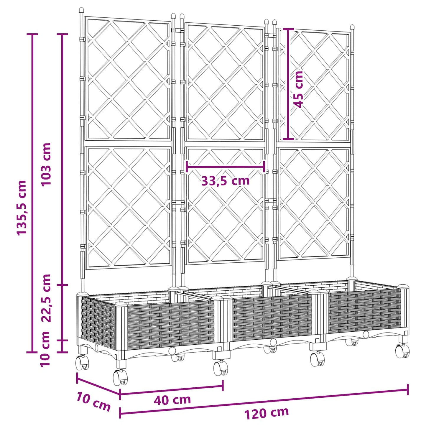 Garden Planter with Trellis&Wheels 3 pcs Black PP