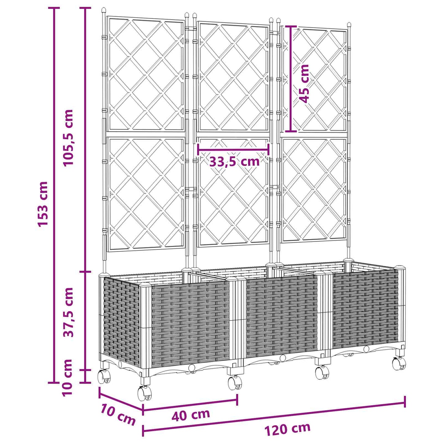 Garden Planter with Trellis&Wheels 3 pcs Grey 120 x 40 x 149 cm