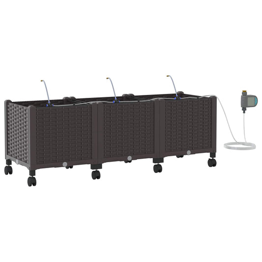 Garden Planter with Irrigation&Wheels 3 pcs Brown PP Garden Planter with Irrigation&Wheels 3 pcs Brown PP