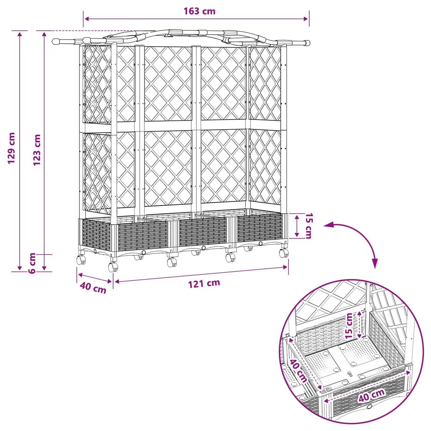 Raised Bed with Trellis and Roof Black 163 x 40 x 129 cm PP
