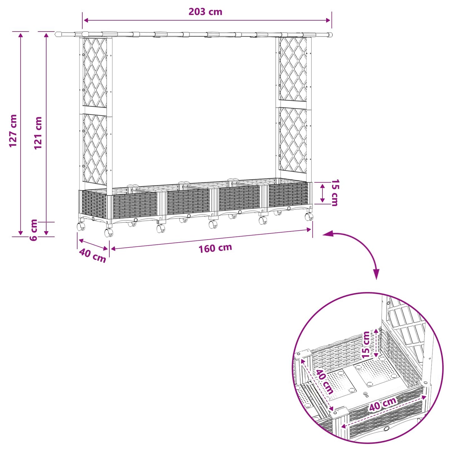 Raised Bed with Trellis and Roof Grey 203 x 40 x 127 cm PP