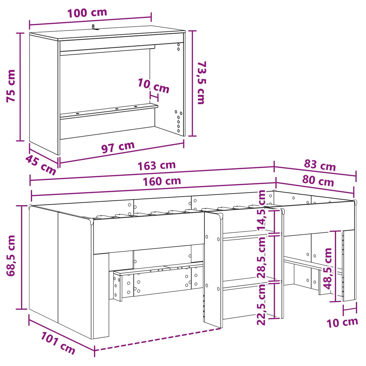 Kids'High Bed Frame with Desk 2 pcs Concrete Grey
