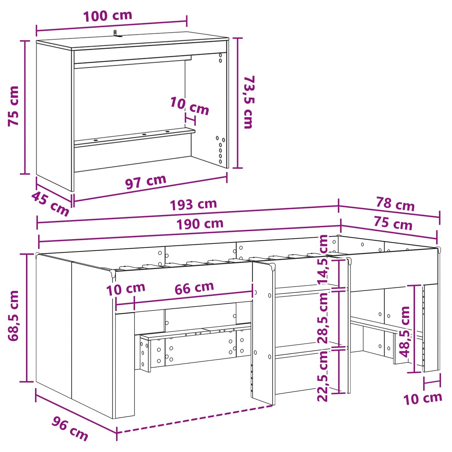Kids'High Bed Frame with Desk 2 pcs White Engineered Wood