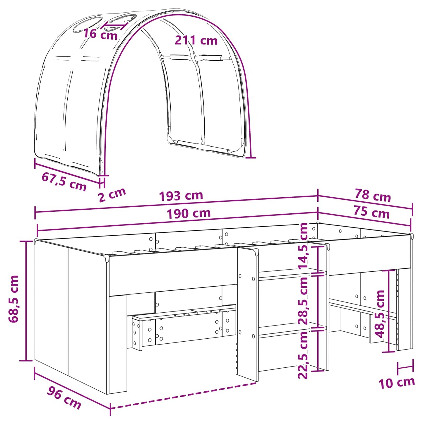 Bed with Tunnel 3 pcs Sonoma and Red Engineered Wood