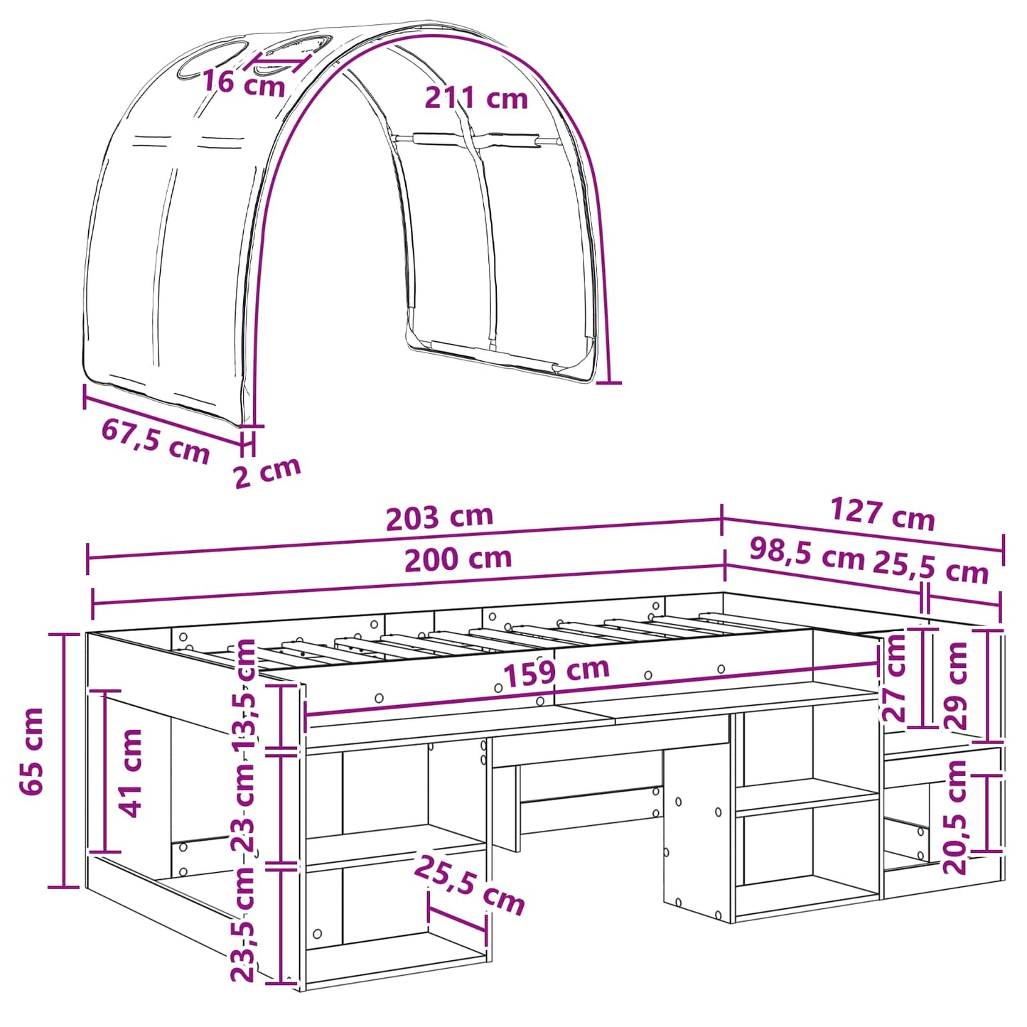 Bed Frame with Tunnel with Shelf 3 pcs Sonoma Oak and Black
