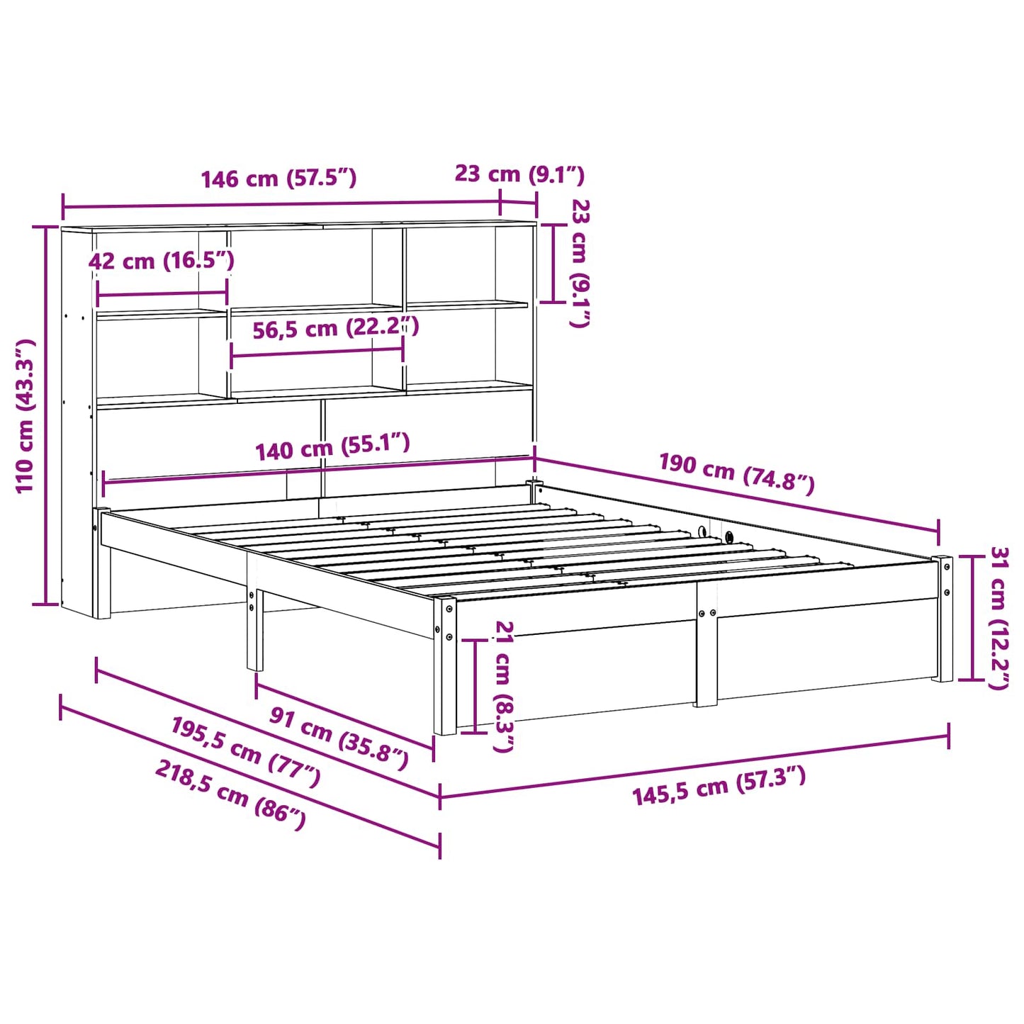 Bed Frame with Storage Headboard Wax Brown 140 x 190 cm