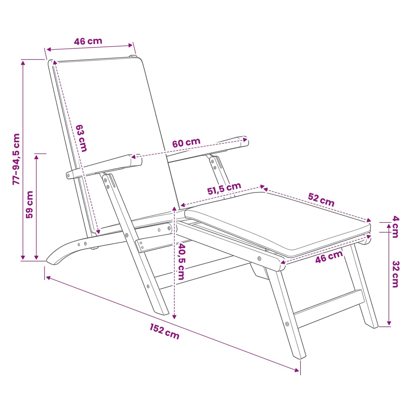 Folding Deck Chair with Cushion White Solid Teak Wood