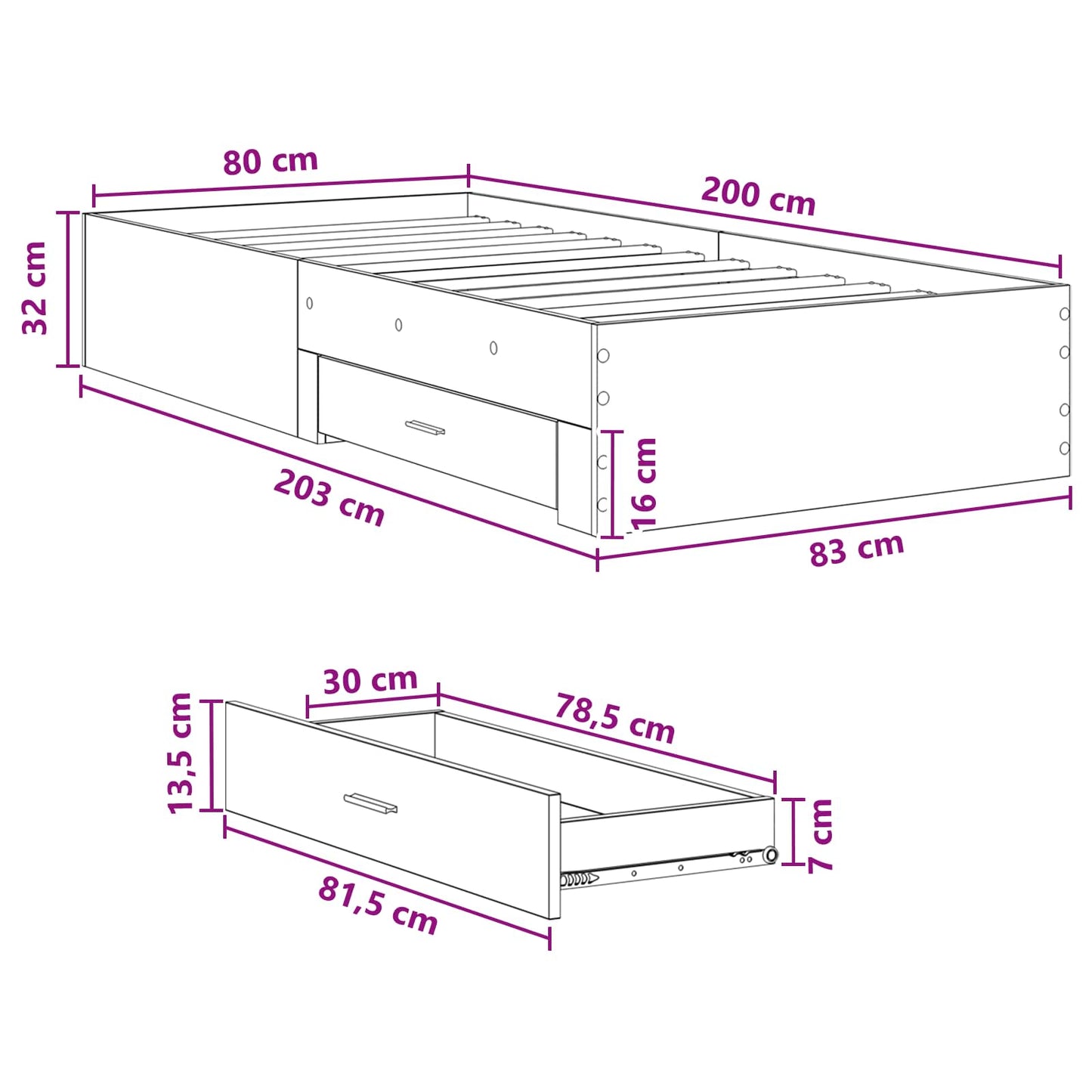 Bed Frame with Storage White 80 x 200 cm Engineered Wood