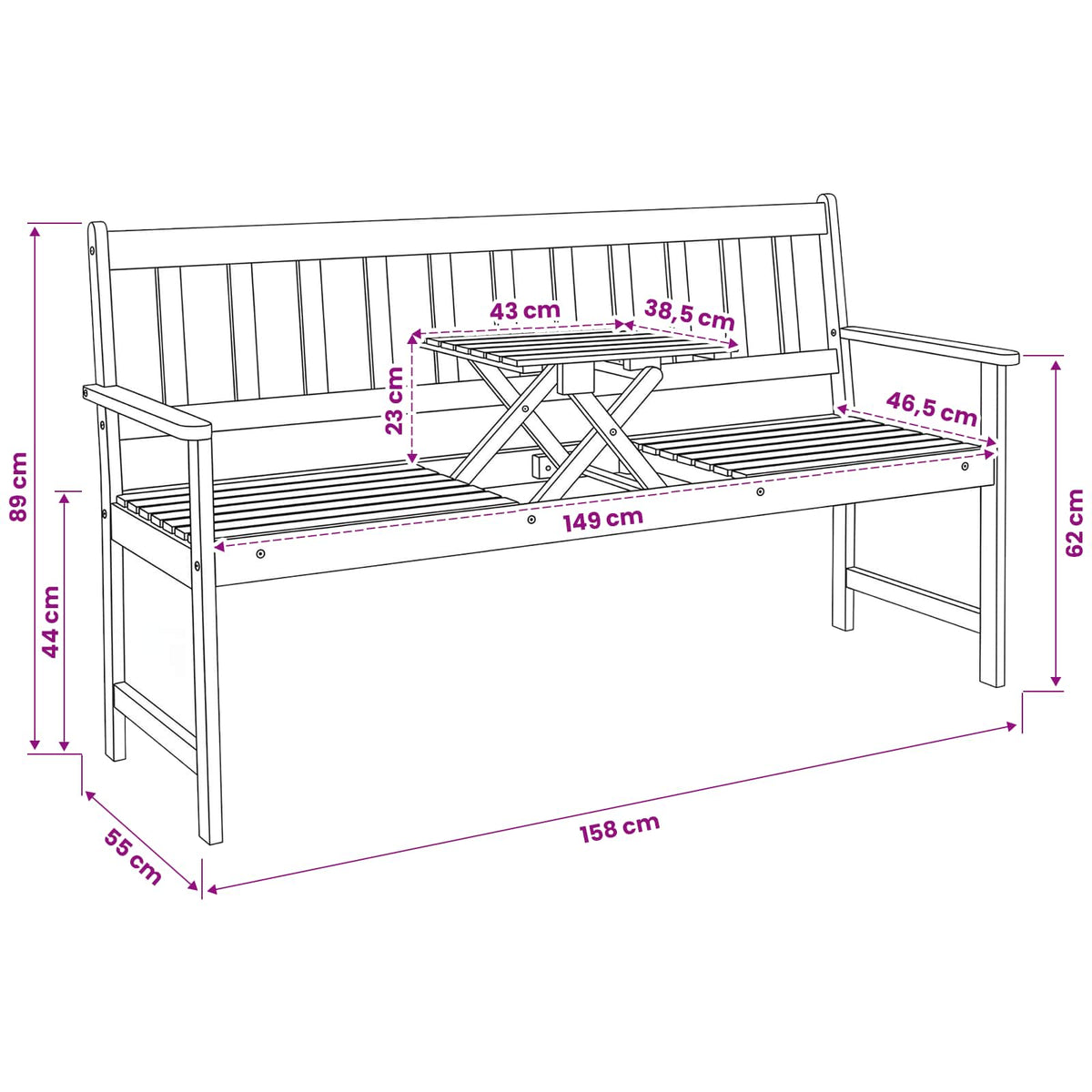 Garden bench 158 x 55 x 89 cm Solid Acacia Wood Natural