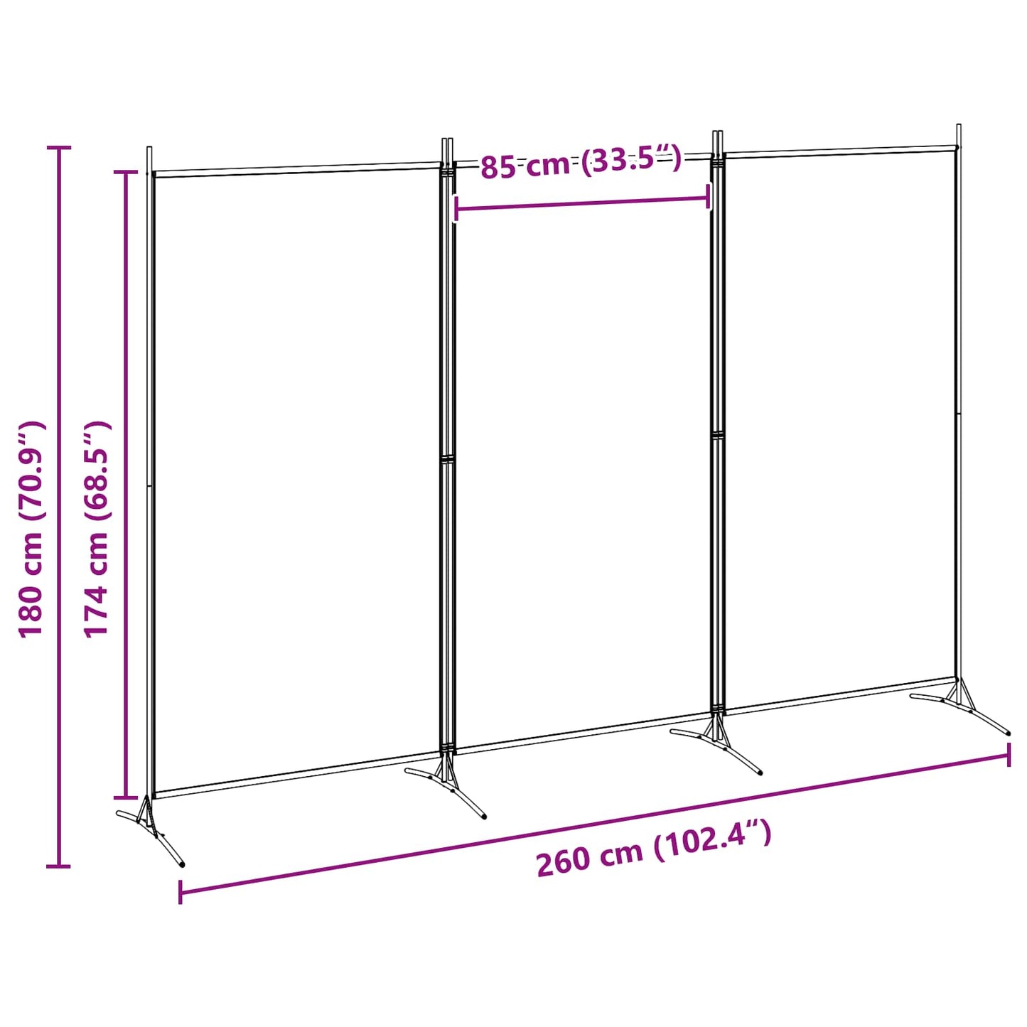 3-Panel Room Divider Beige 260 x 180 cm Fabric