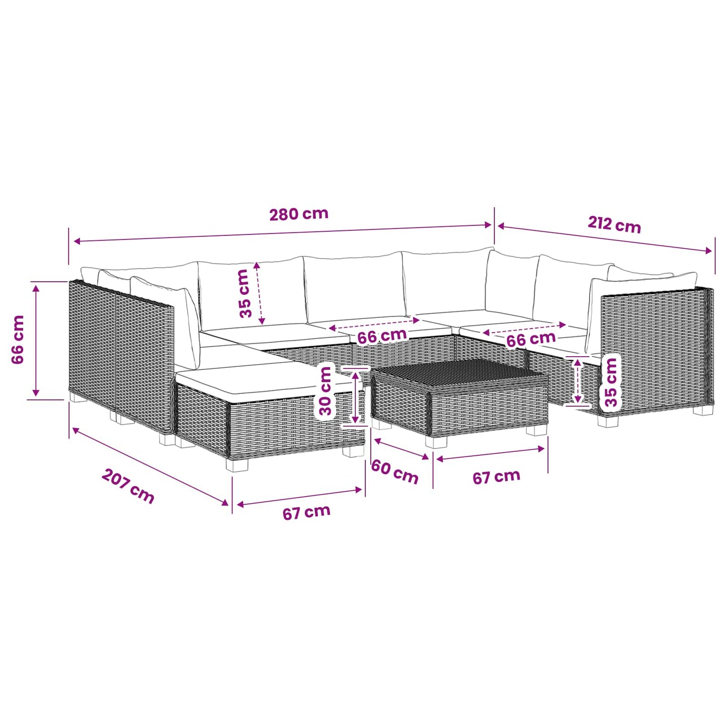 9 pcs Rattan Lounge Set with Cushions GENDT Natural Rattan