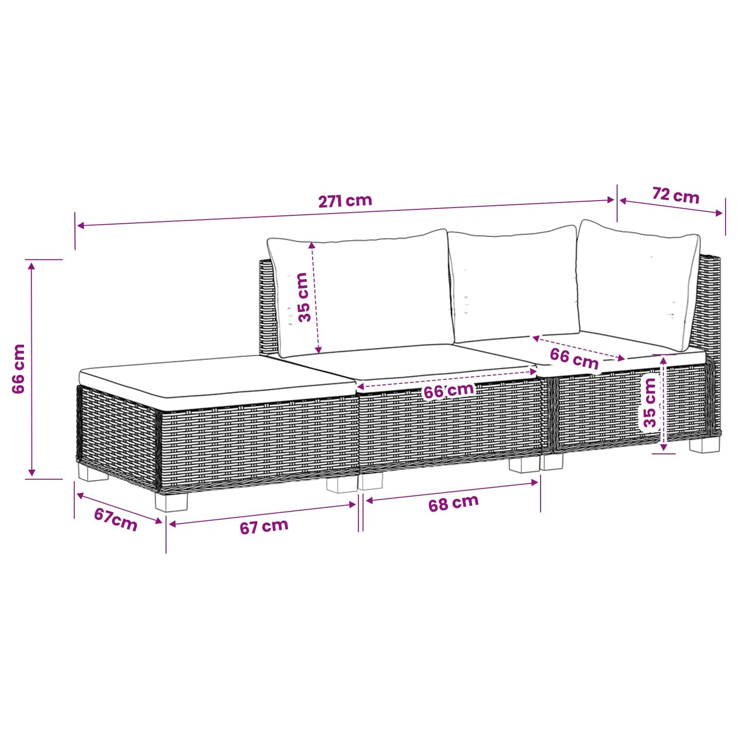 3 pcs Rattan Lounge Set with Cushions GENDT Natural Rattan