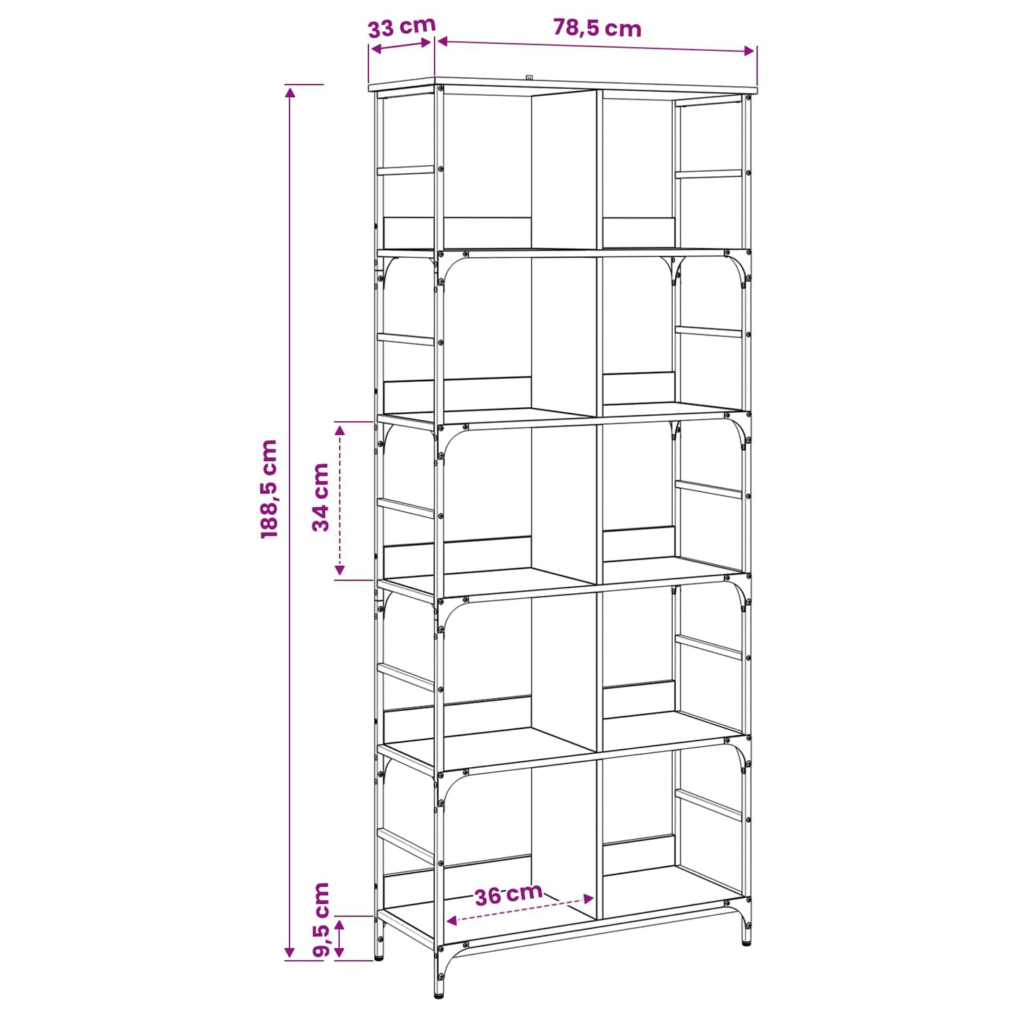 Bookshelf Black oak 78.5 x 33 x 188.5 cm metal PB