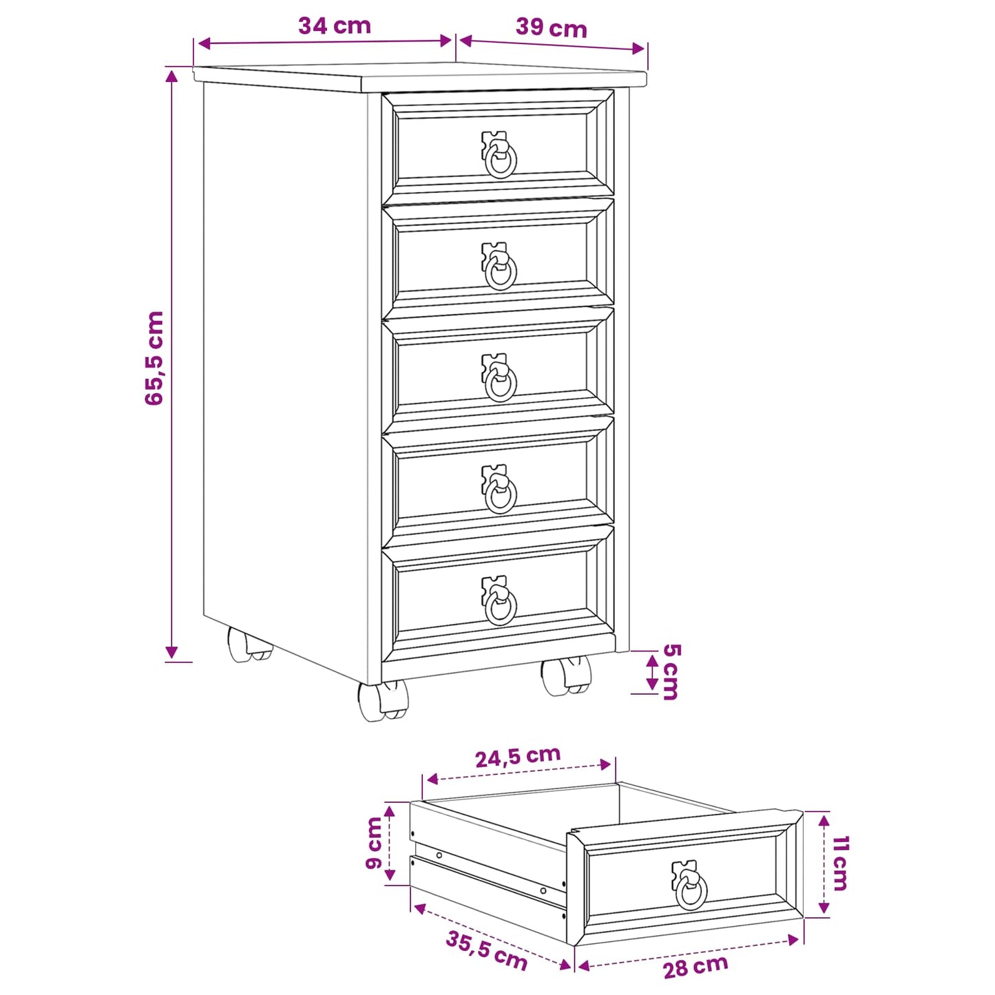 Rolling Cabinet with Drawers CORONA White