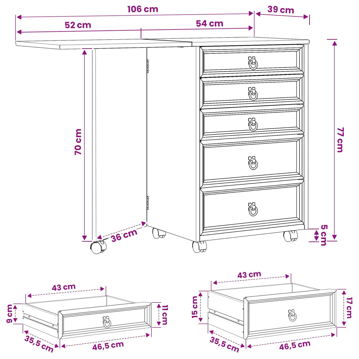 Rolling Cabinet with Drawers & Folding Top CORONA White