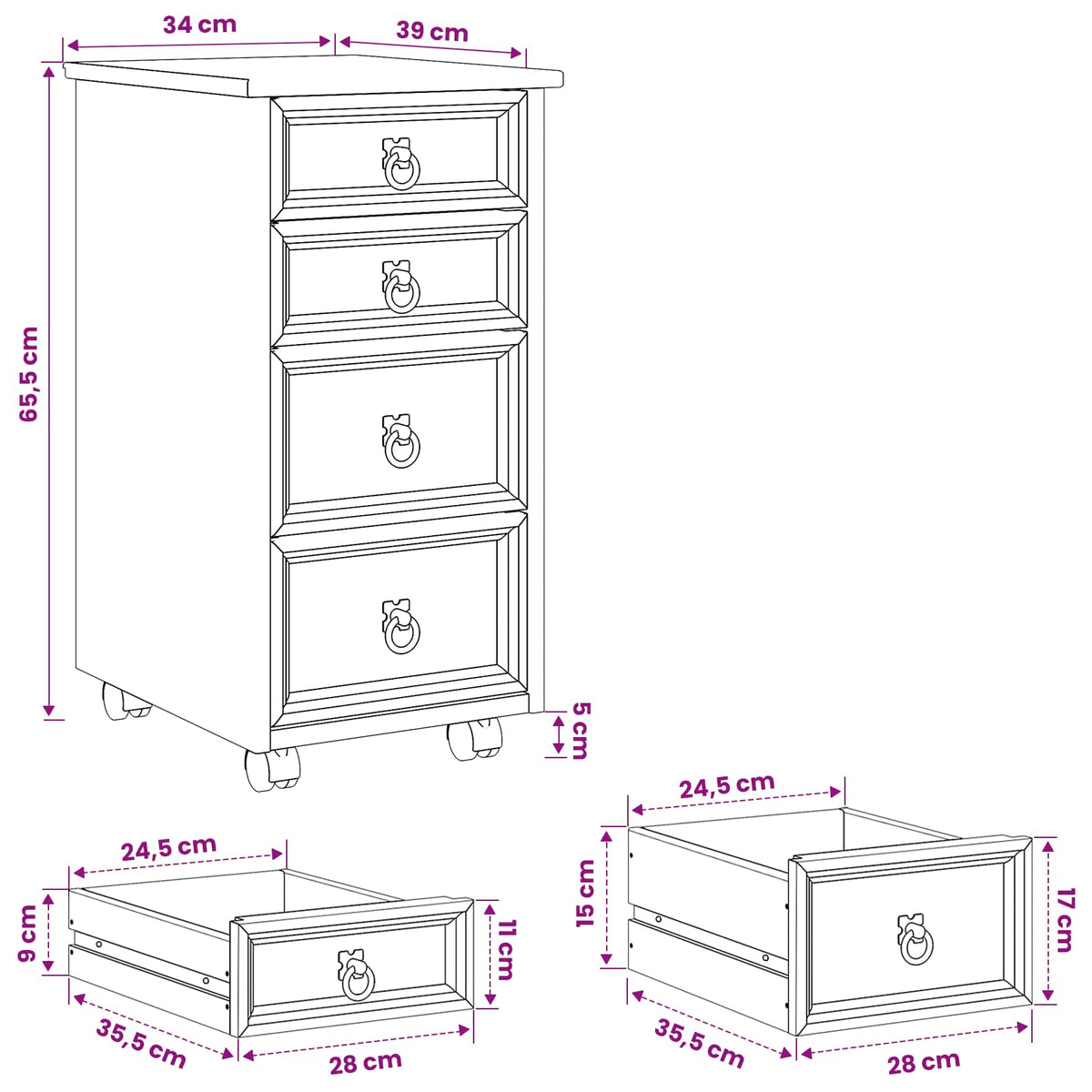 Rolling Cabinet with Drawers CORONA White