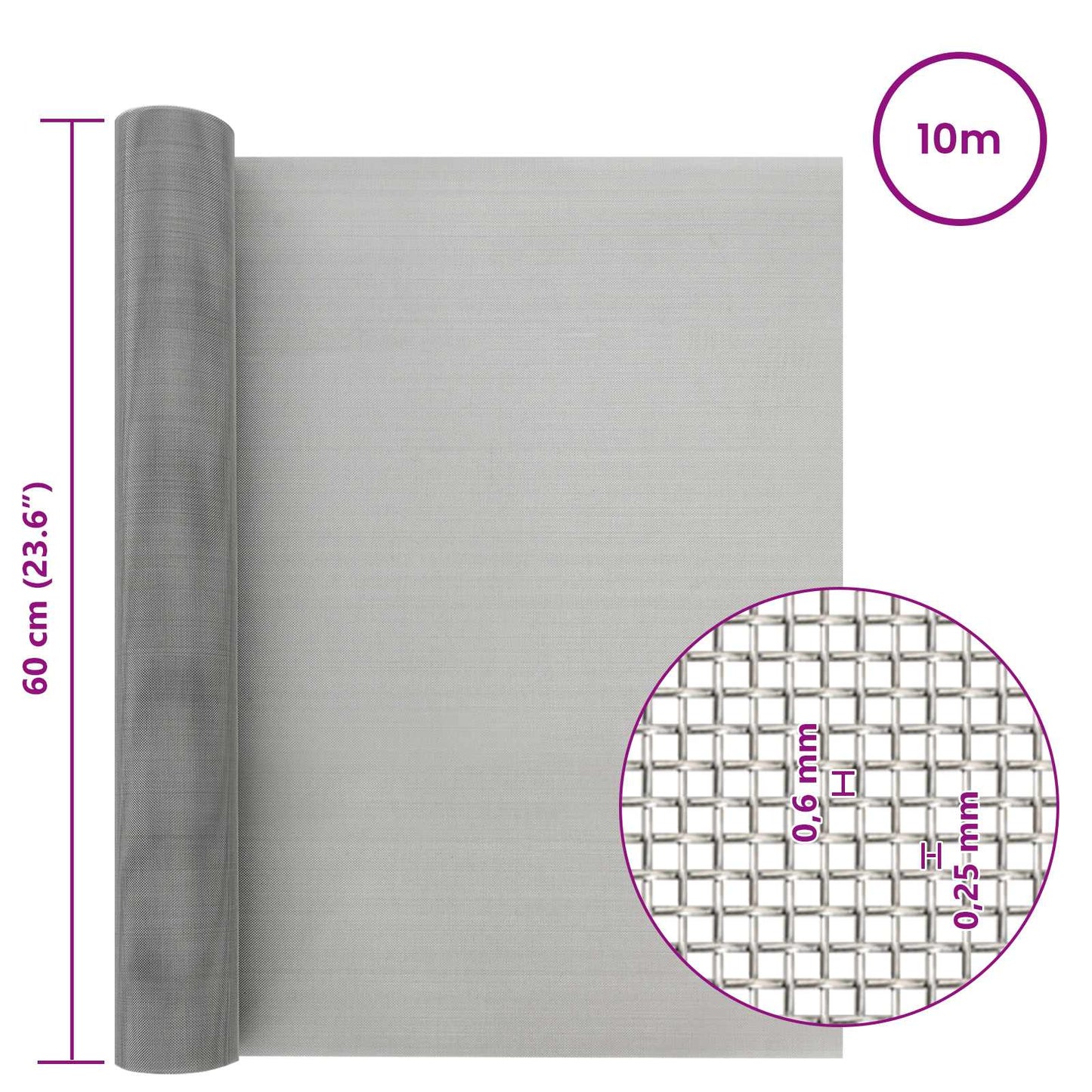 Mesh Screen 60 x 1000 cm 30 Mesh Stainless Steel 201 Silver