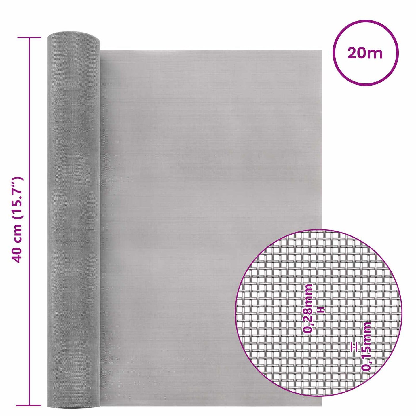 Mesh Screen 40 x 2000 cm 60 Mesh Stainless Steel 201 Silver