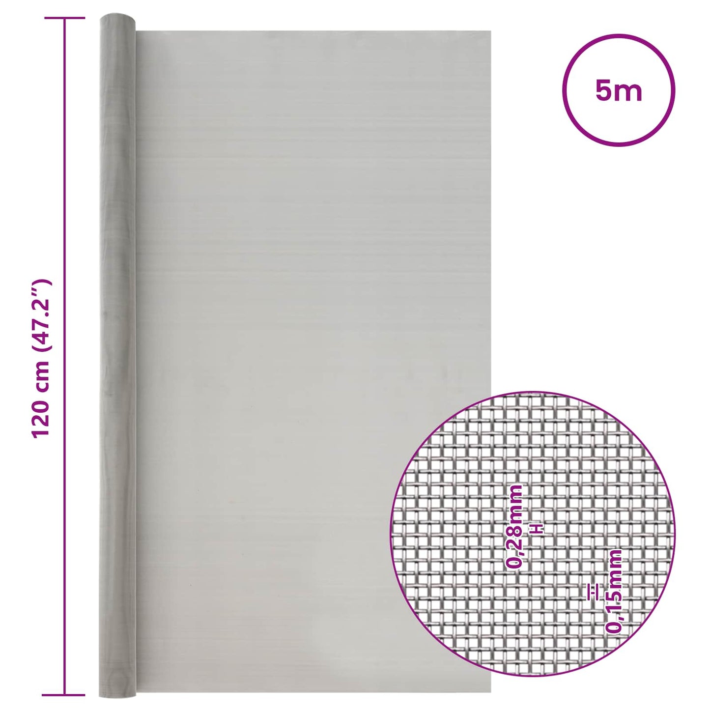 Mesh Screen 120 x 500 cm 60 Mesh Stainless Steel 201 Silver