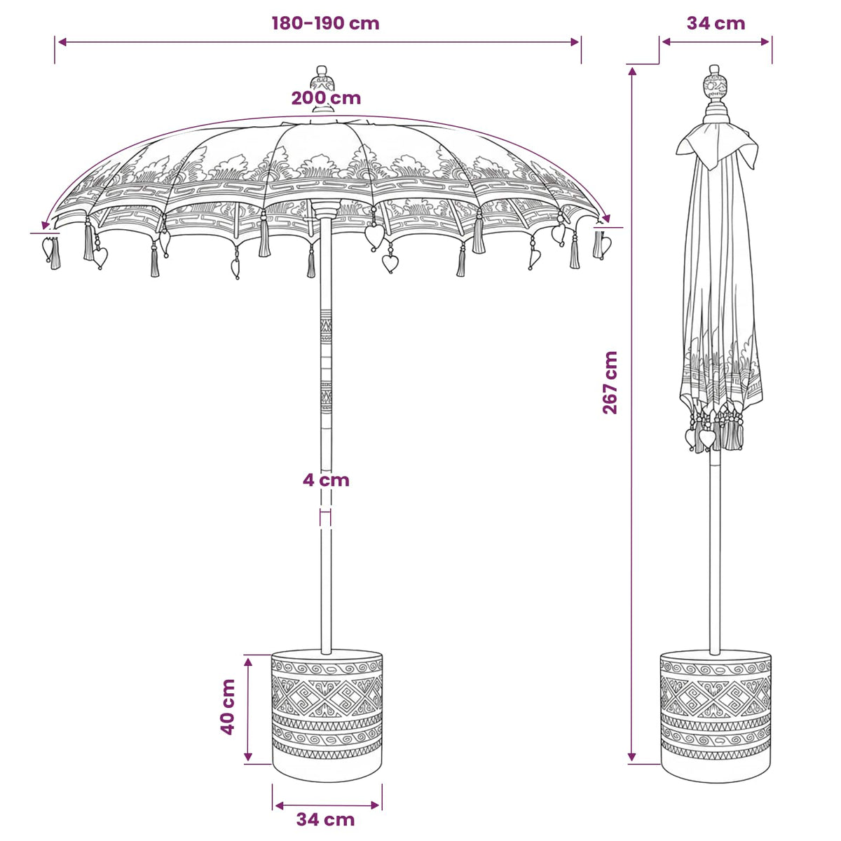 Balinese Parasol with Base 260 190 x 190 x 295 cm Red and Brown