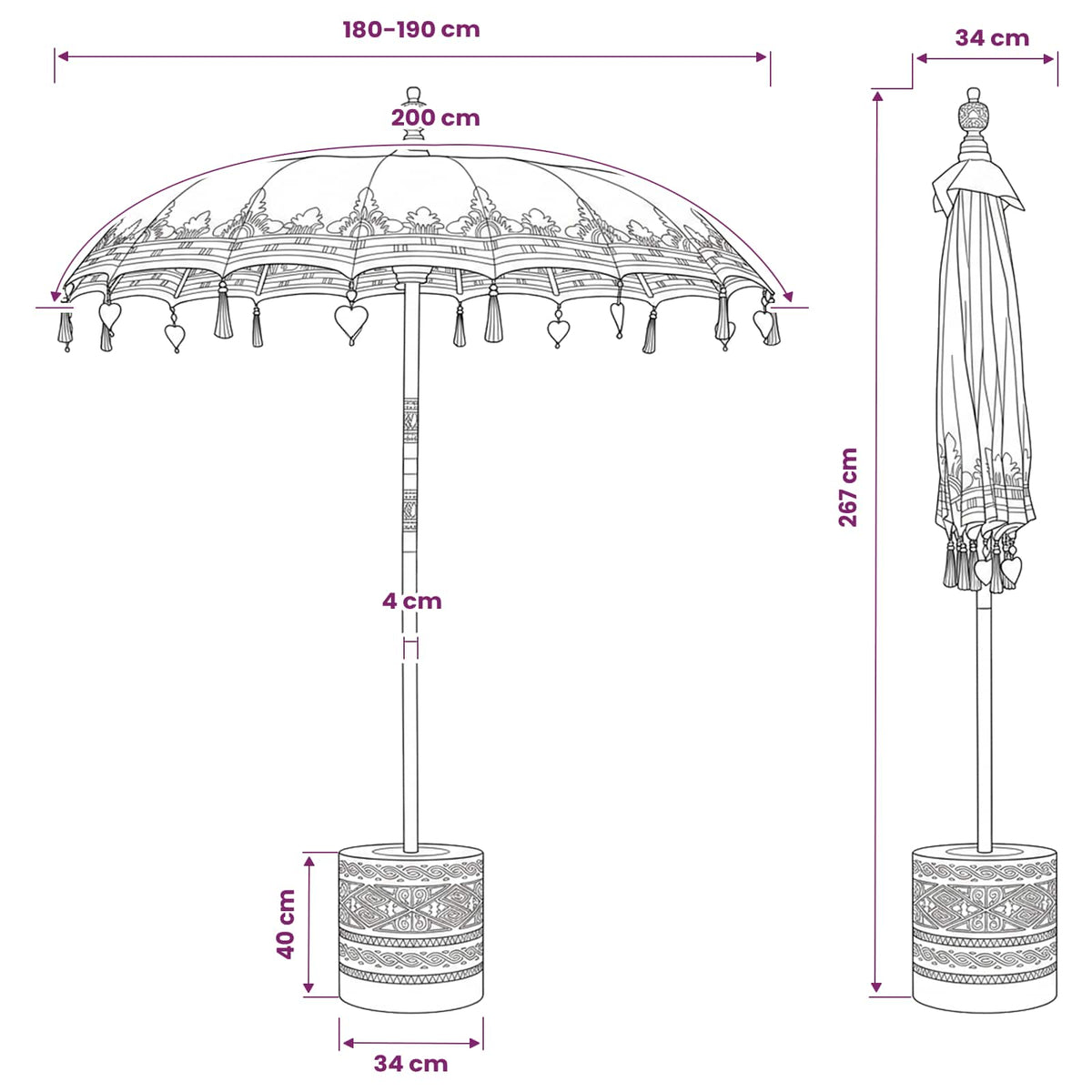 Balinese Parasol with Base 190 x 190 x 295 cm Yellow and Brown