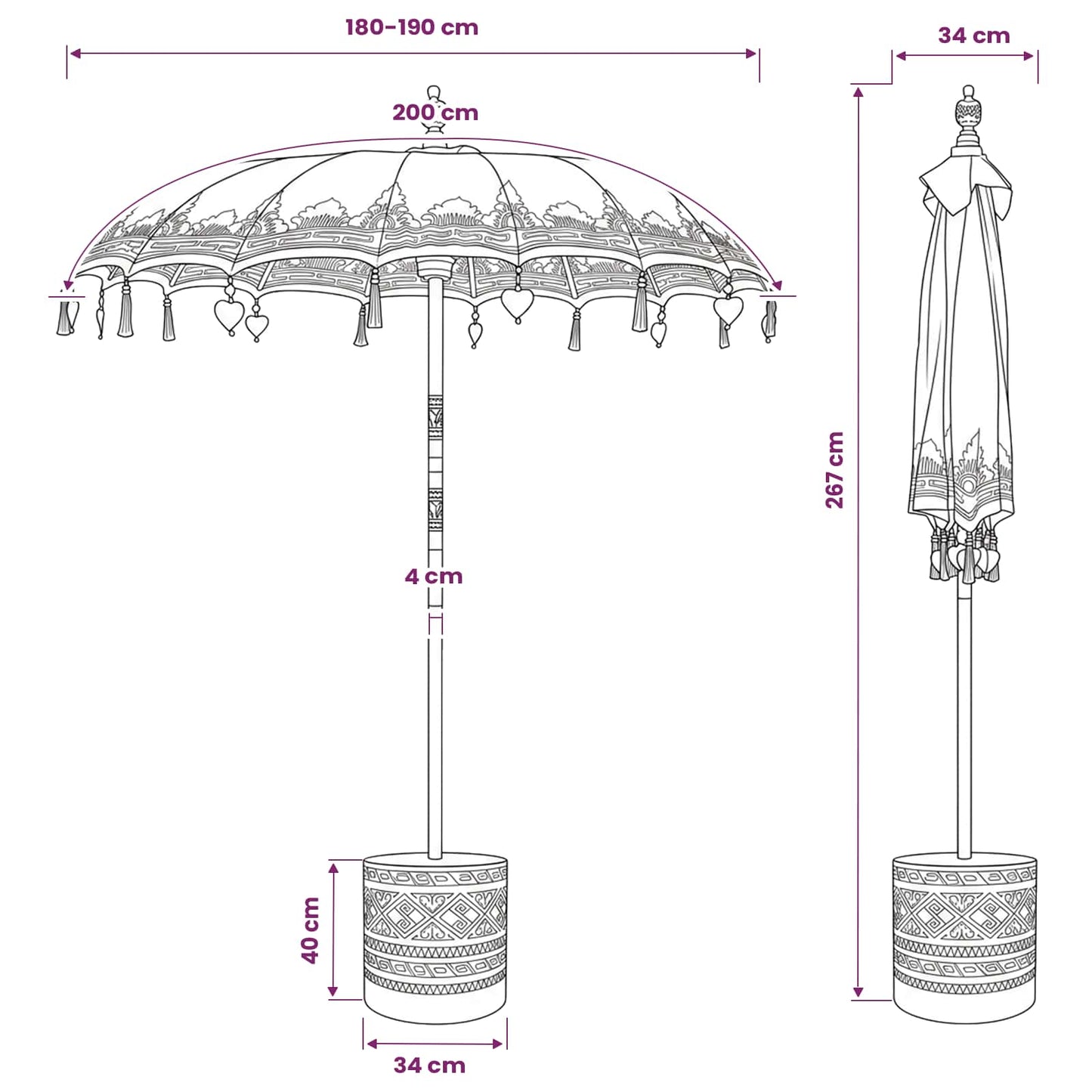 Balinese Parasol with Base 2 pcs Pink