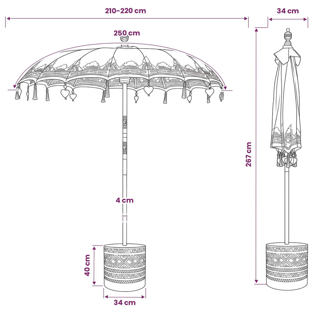 Balinese Parasol with Base Ø 210-220 cm Pink and Brown