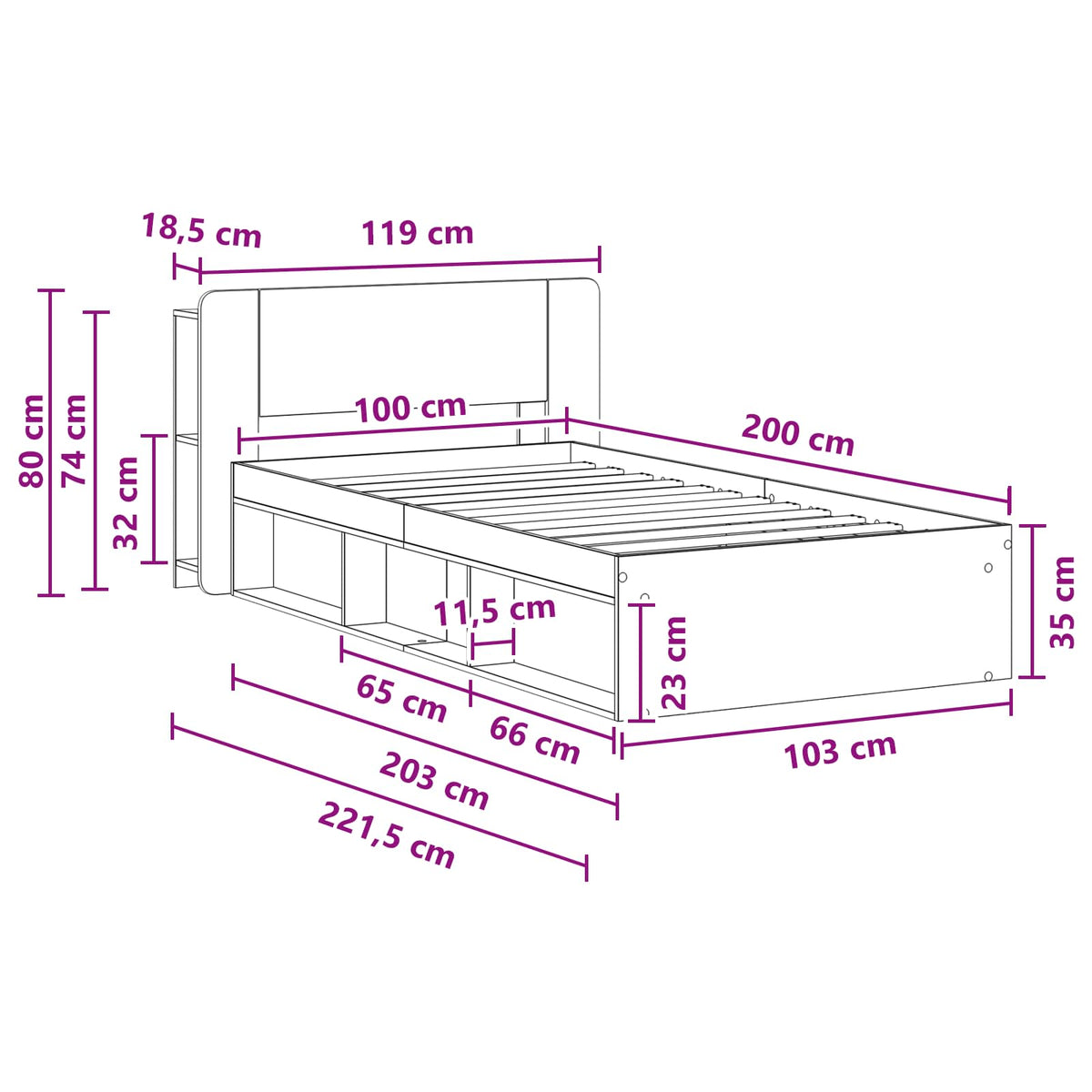 Bed Frame with Storage Concrete Grey 100 x 200 cm