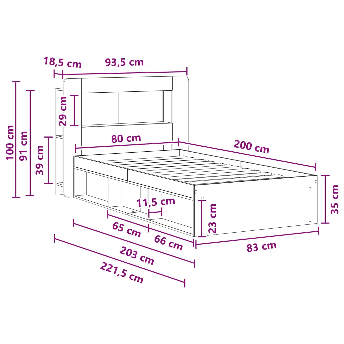 Bed Frame with Storage Grey Sonoma 80 x 200 cm Engineered Wood