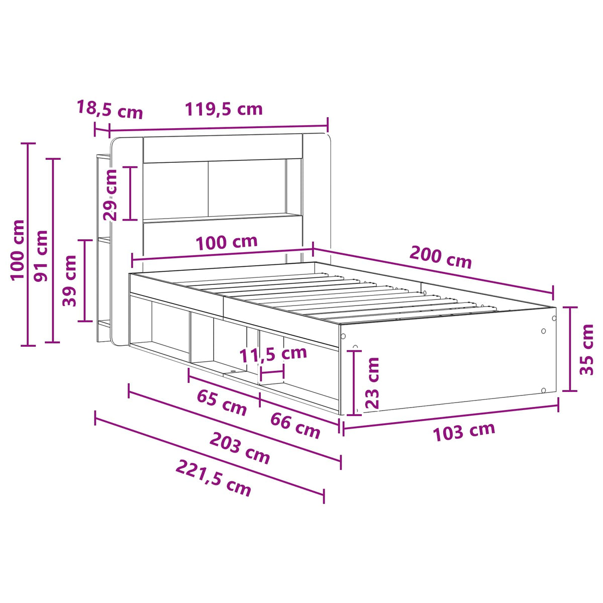Bed Frame with Storage Concrete Grey 100 x 200 cm