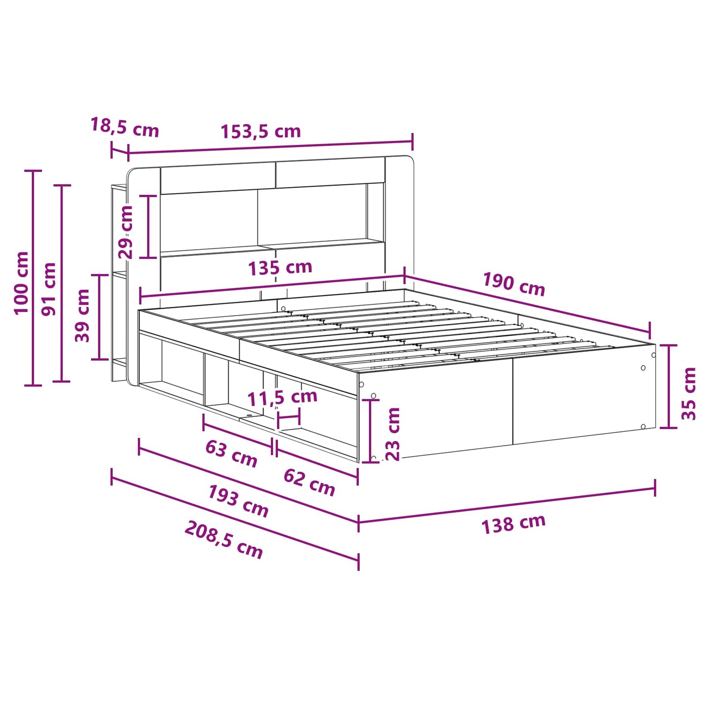 Bed Frame with Storage Artisan Oak 135 x 190 cm Engineered Wood